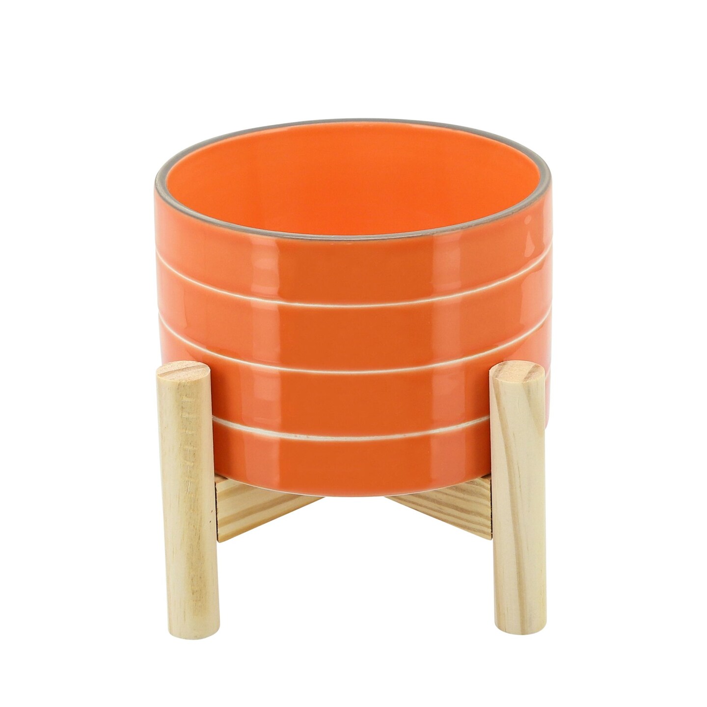 Kingston Living Ceramic Striped Planter with Stand - 6&#x22; - Orange