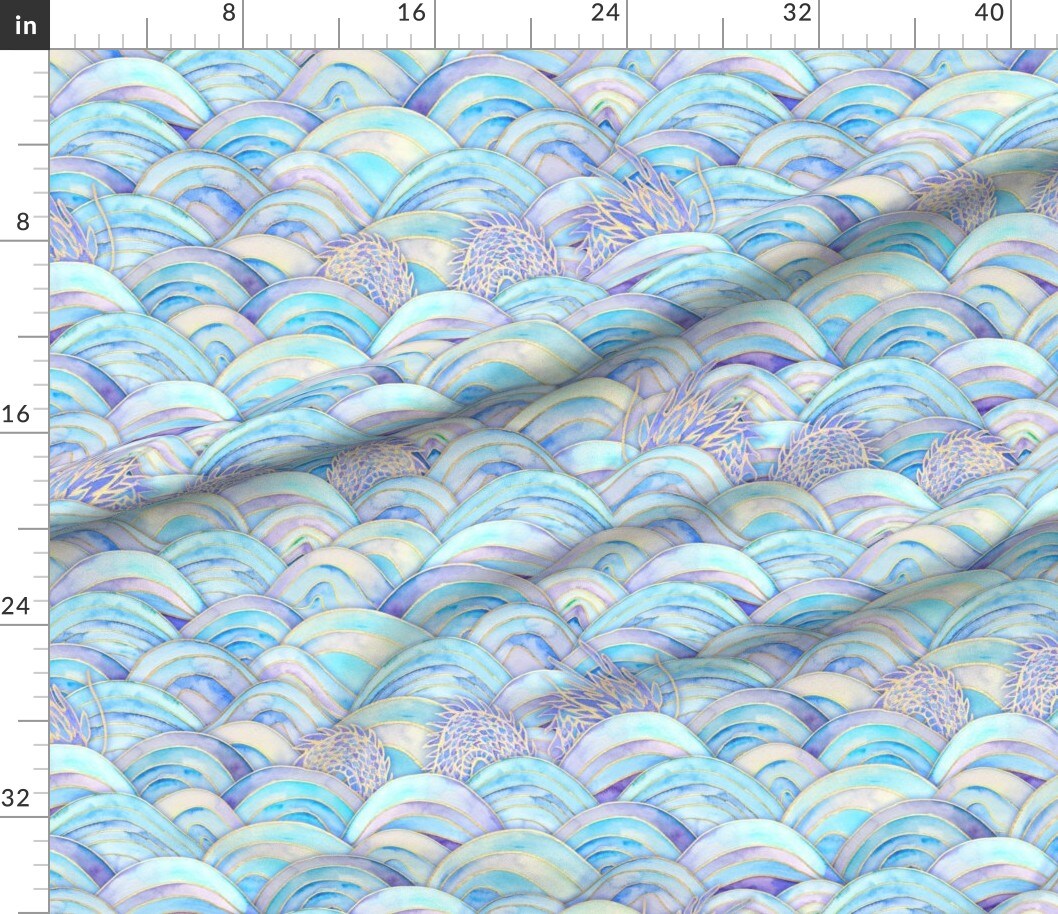 Watercolor Waves Sea Serpent Mythical Fantasy Dragon Pale Blue Lilac Custom Printed Fabric by Spoonflower Various Fabrics by the Yard or Fat Quarter