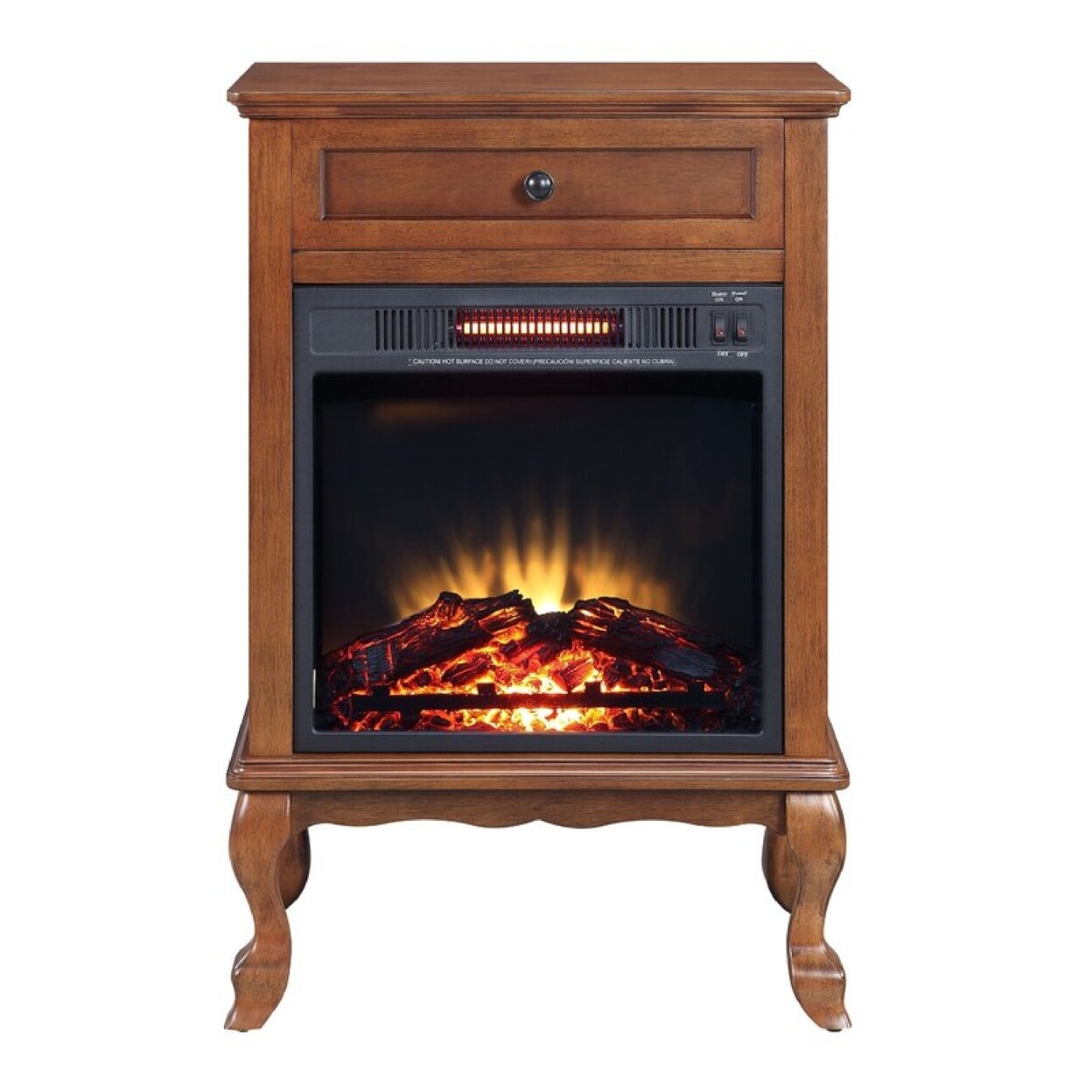 Saltoro Sherpi Ryla 34 Inch Wood End Table with LED Electric Fireplace, 1 Drawer, Walnut-