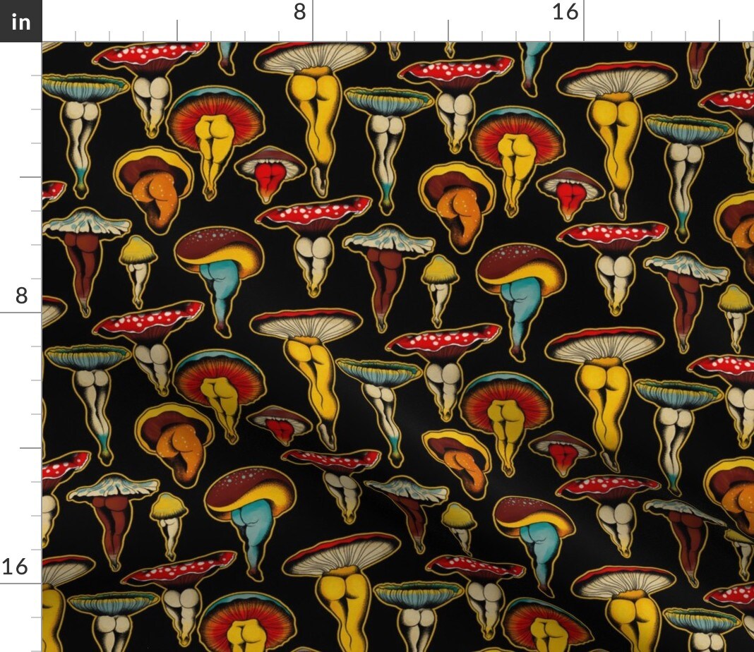 Mushrooms Black Background Cute Traditional Booty Custom Printed Fabric by Spoonflower Various Fabrics by the Yard or Fat Quarter