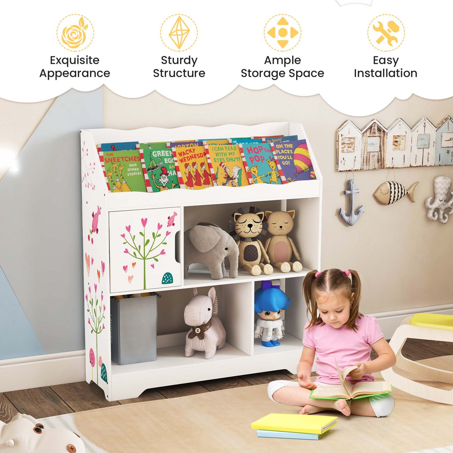 Costway Toy Storage Organizer 3-In-1 Kids Toy Shelf with Book Shelf, Storage Cabinet White/Blue