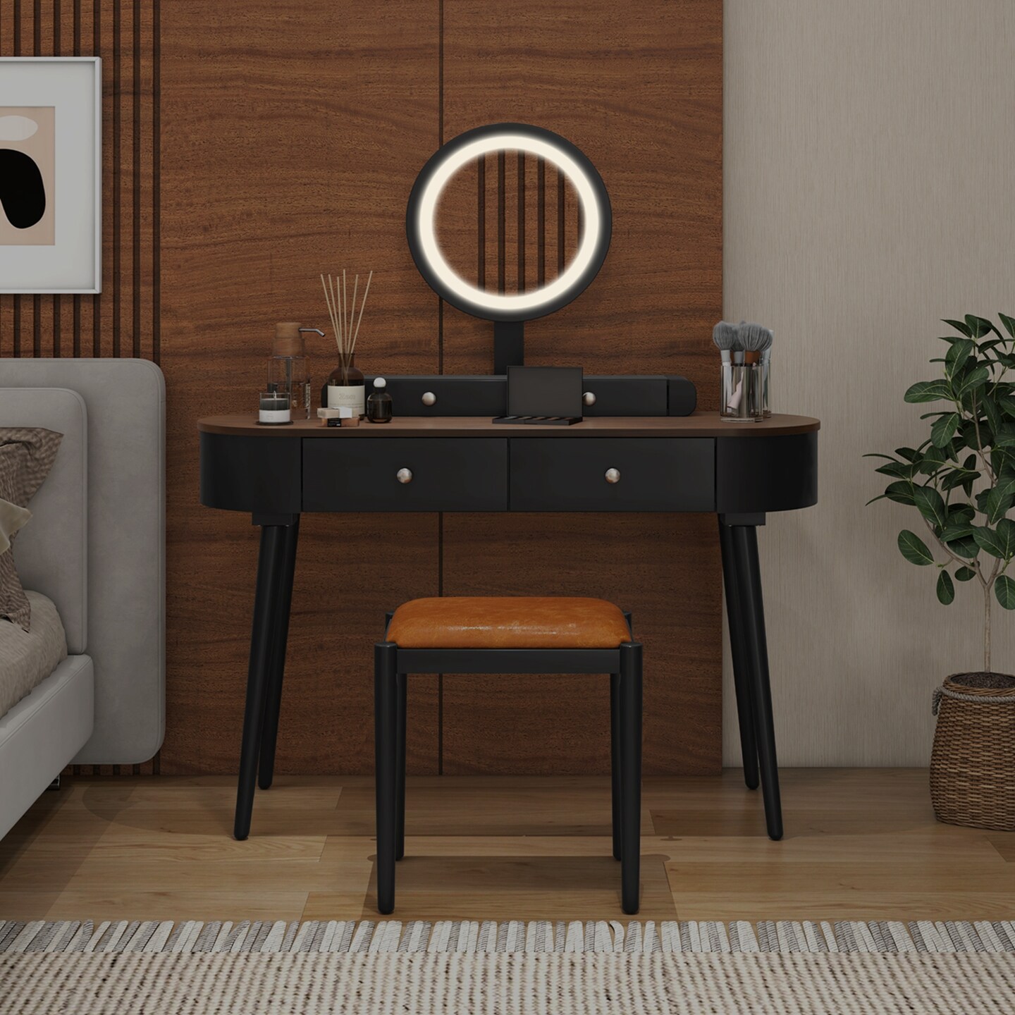 Costway Solid Wood Makeup Vanity Desk Set with LED Lighted Mirror Drawers Cushioned Stool White + Brown/Black + Brown/White + Black/White + Natural