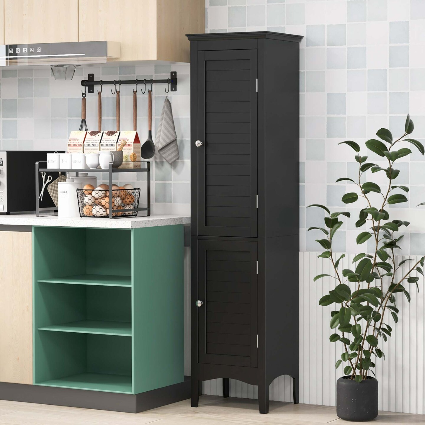 Costway Tall Bathroom Floor Cabinet Narrow Linen Tower with 2 Doors &#x26; Adjustable Shelf Black/Coffee/Grey