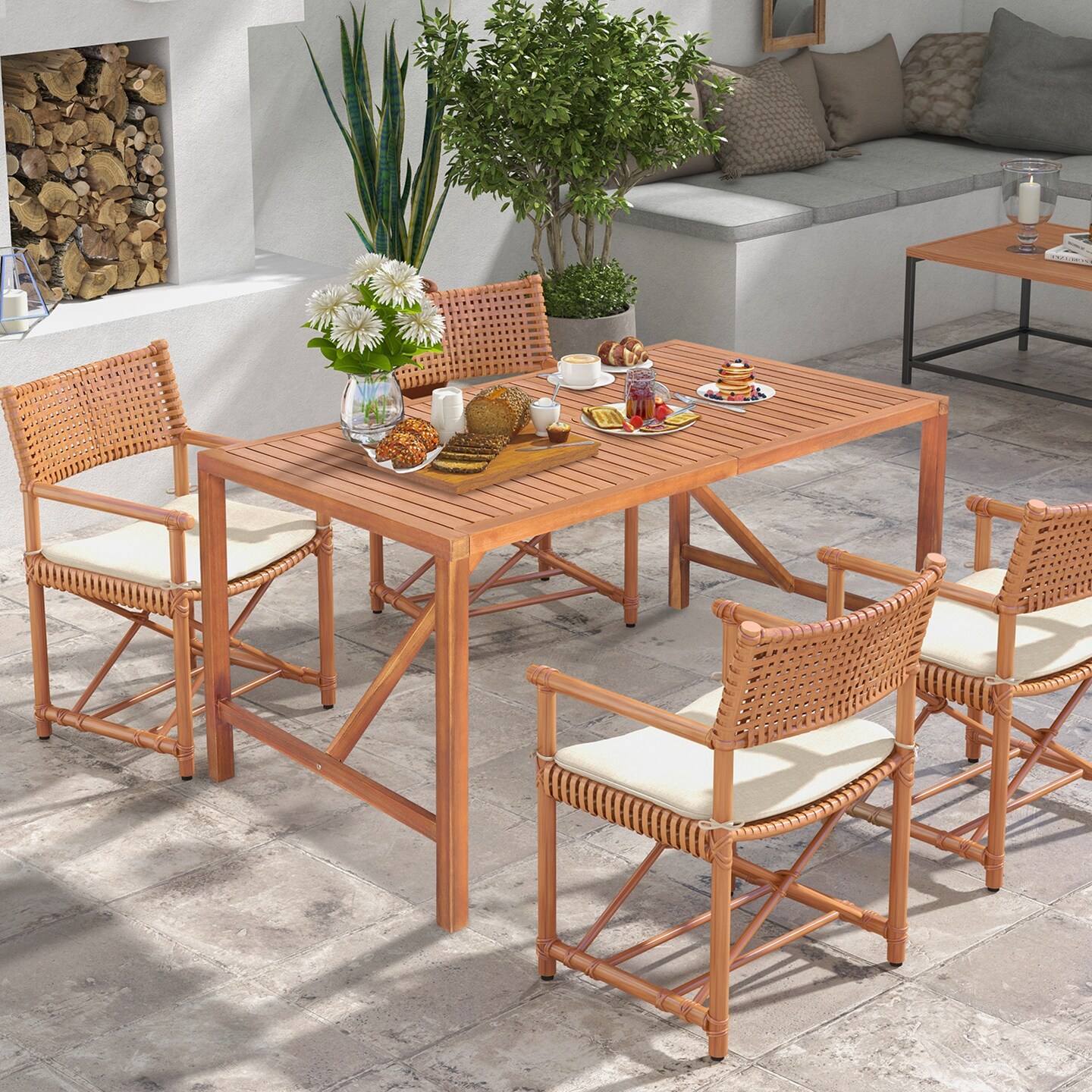 Costway Patio Rectangular Acacia Wood Dining Table 4-6 Person Outdoor 2&#x27;&#x27; Umbrella Hole