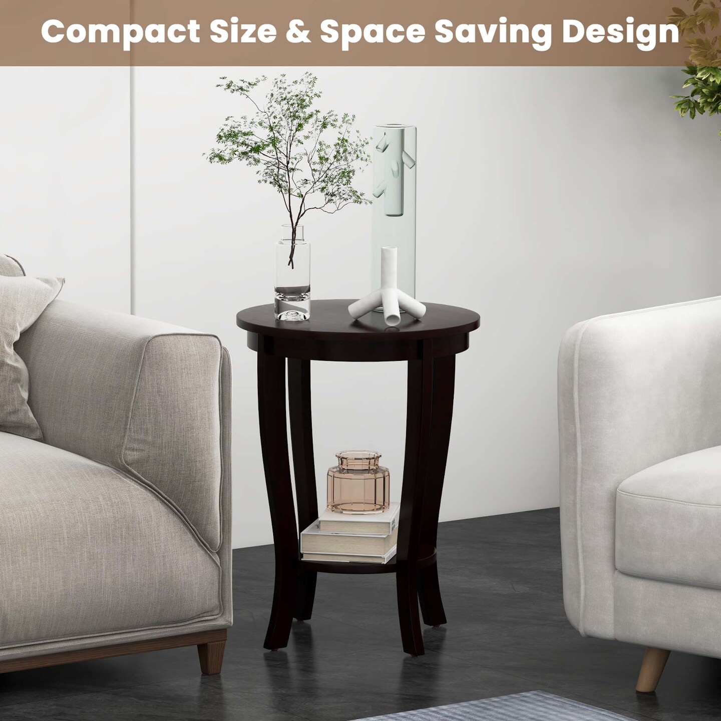 Costway 2 PCS 2-Tier End Table 18'' Round Compact Sofa Side Nightstand with Storage Shelf Espresso/White