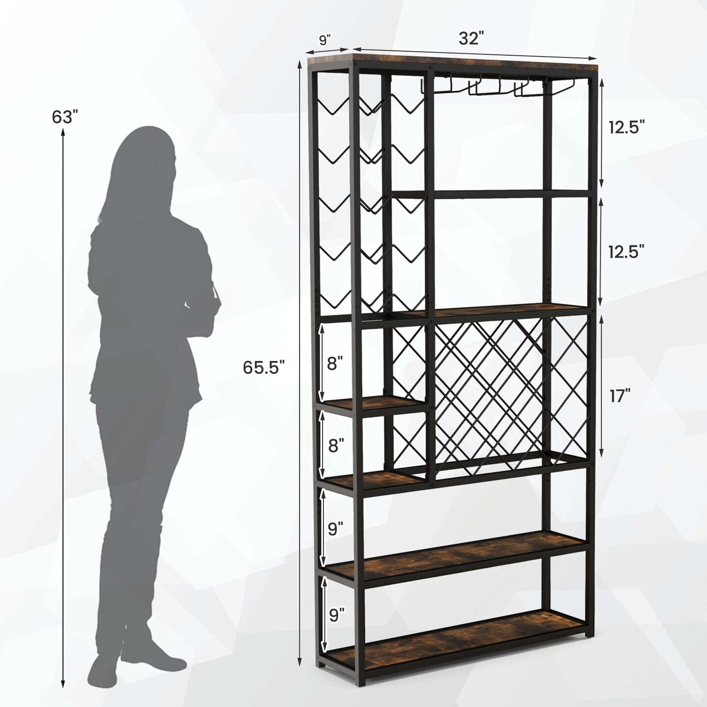 Costway Industrial Wine Rack Multi-purpose Freestanding Bakers Rack with Glass Holder