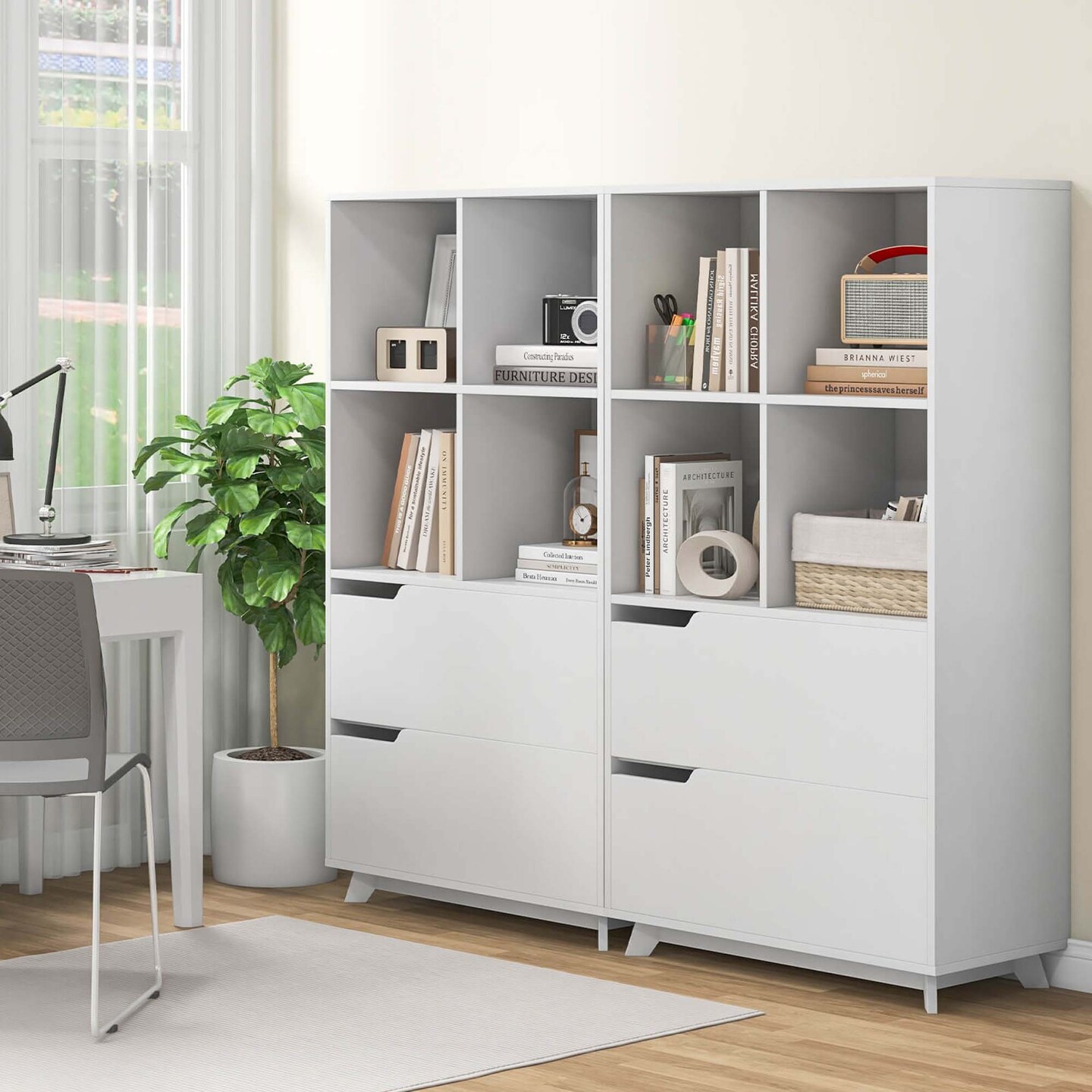 Costway Bookcase with 2 Drawers 4-Tier Open Bookshelf with 4 Storage Cubes for Home Office