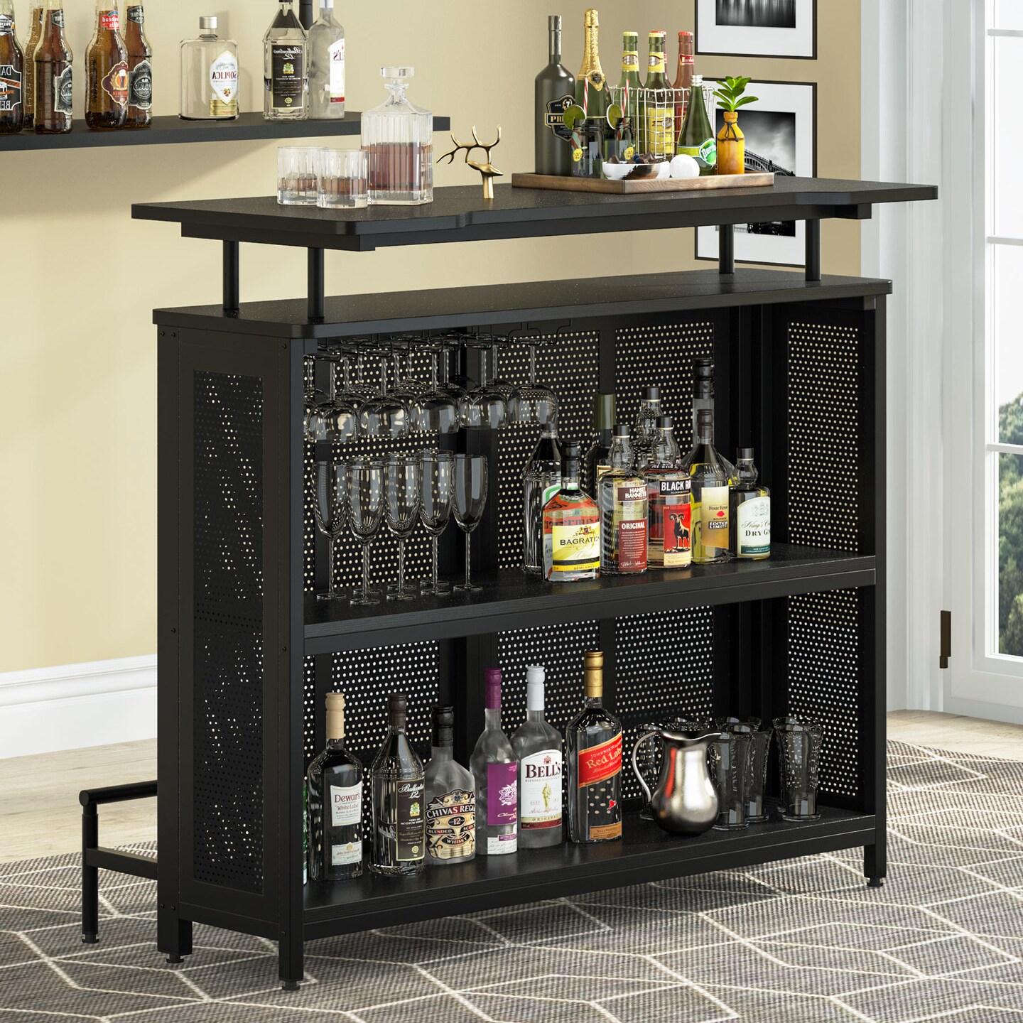 Tribesigns Home Bar Unit 3 Tier Liquor Bar Table With Stemware Racks And Wine