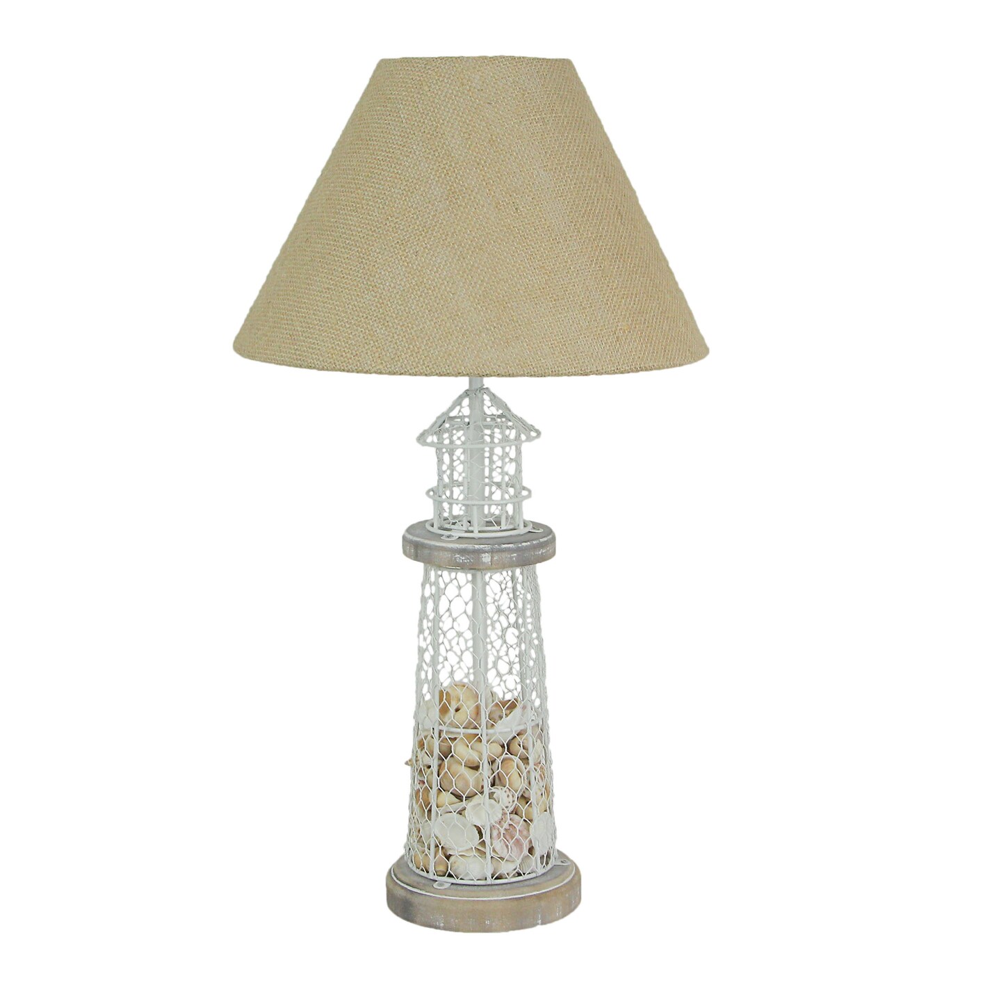 White and Grey Metal Real Seashell Lighthouse Table Lamp with Burlap Shade