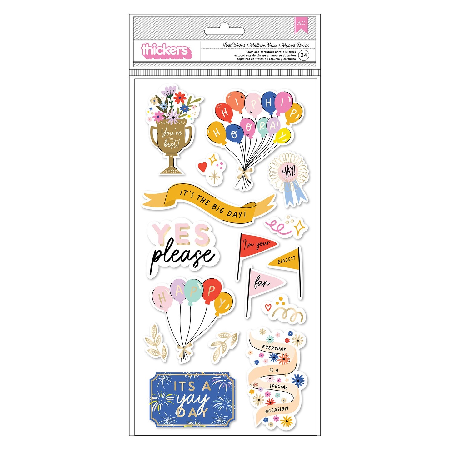 American Crafts Life Of The Party Thickers Stickers 34/Pkg-Gold Foil Phrase