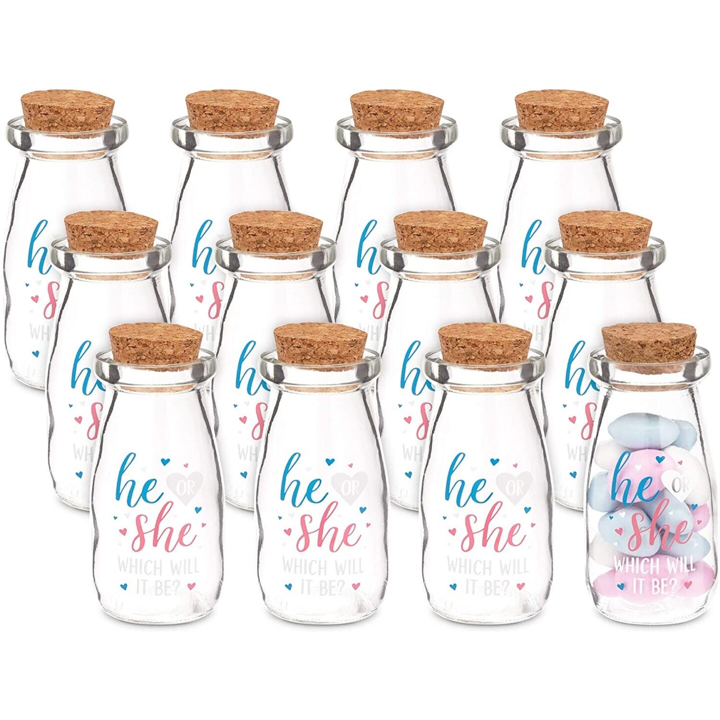 12 Pack He or She Milk Jars for Gender Reveal Party Favors, 4 Oz Glass Bottles with Cork Lids for Baby Shower Decorations (4 In)