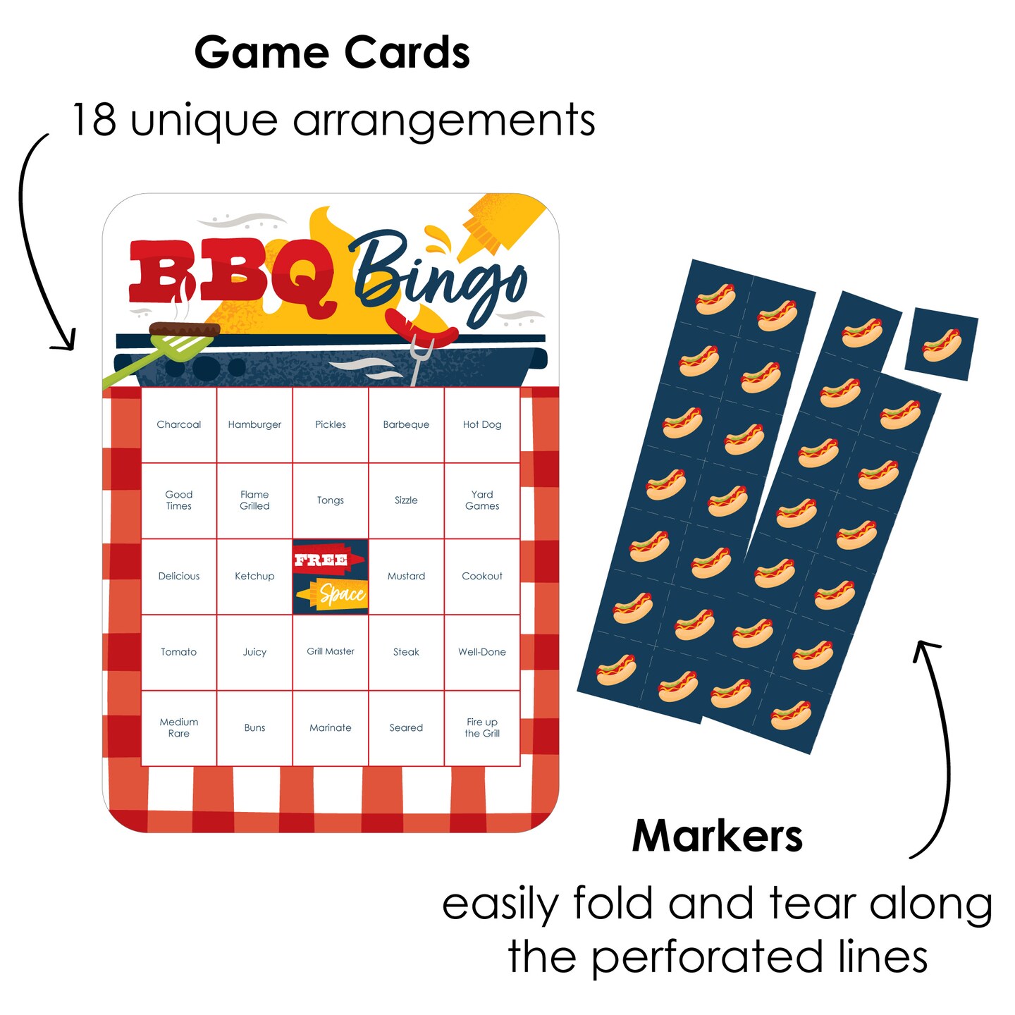 Big Dot of Happiness Fire Up the Grill - Bingo Cards and Markers - Summer BBQ Picnic Party Bingo Game - Set of 18