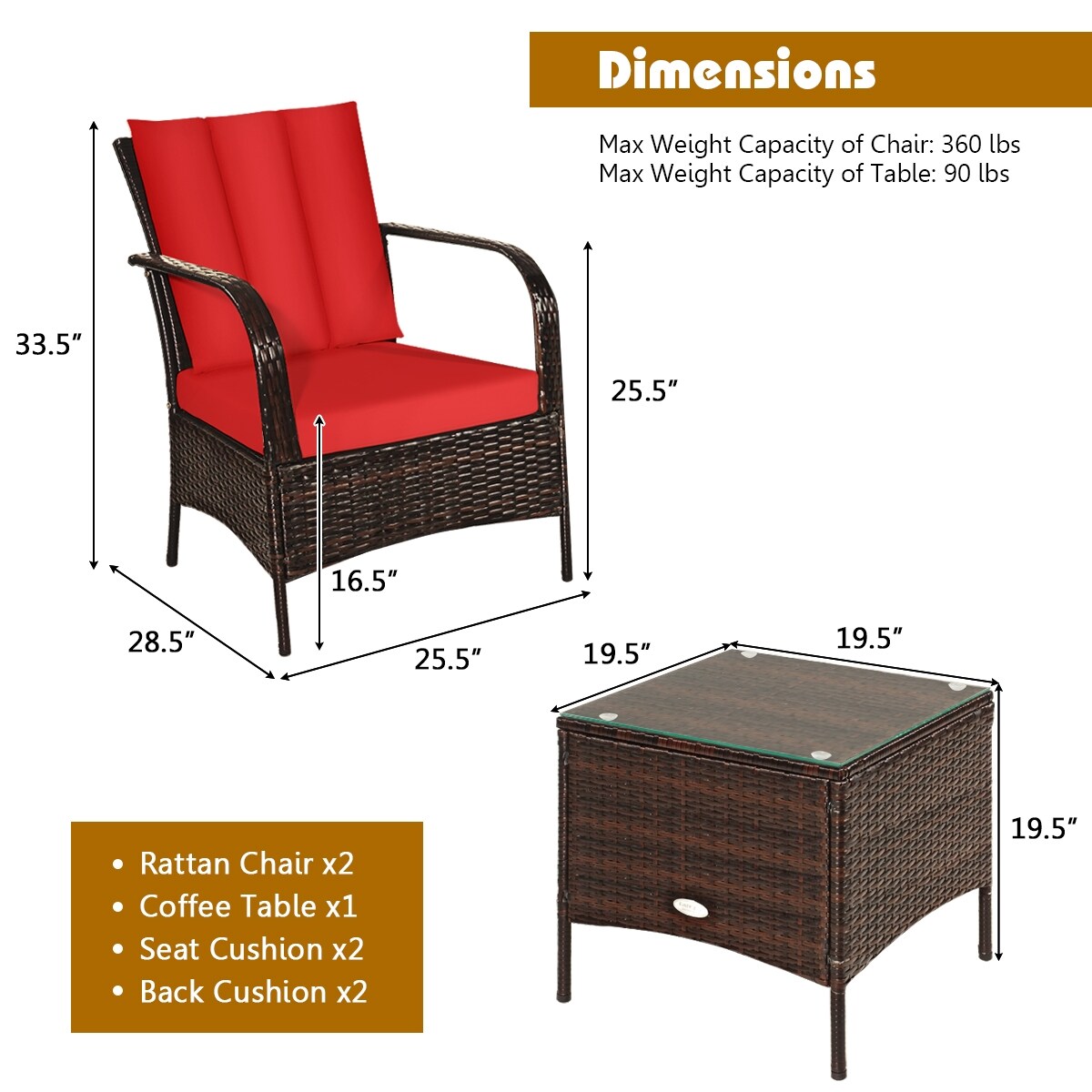 3 Pcs Patio Conversation Rattan Furniture Set with Glass Top Coffee Table and Cushions