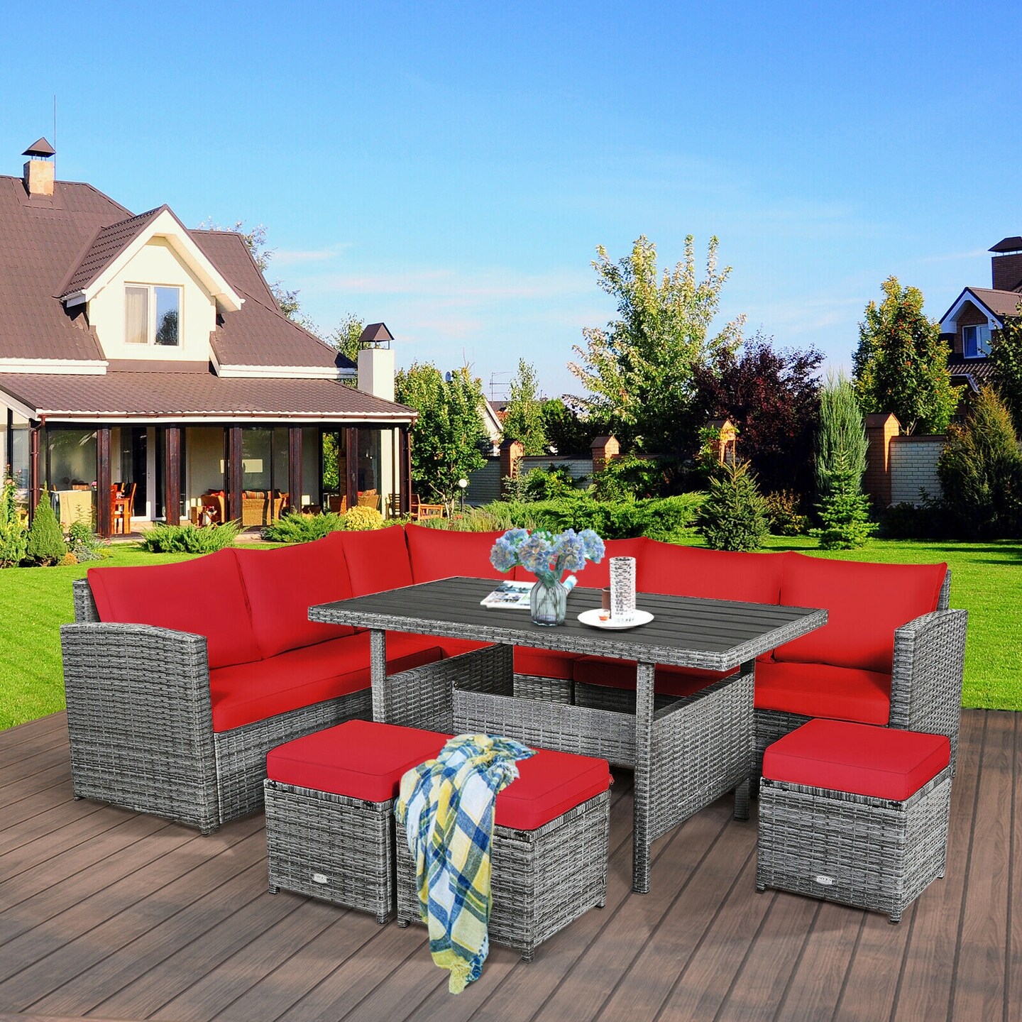 7 Pieces Patio Rattan Dining Furniture Sectional Sofa Set With Wicker Ottoman