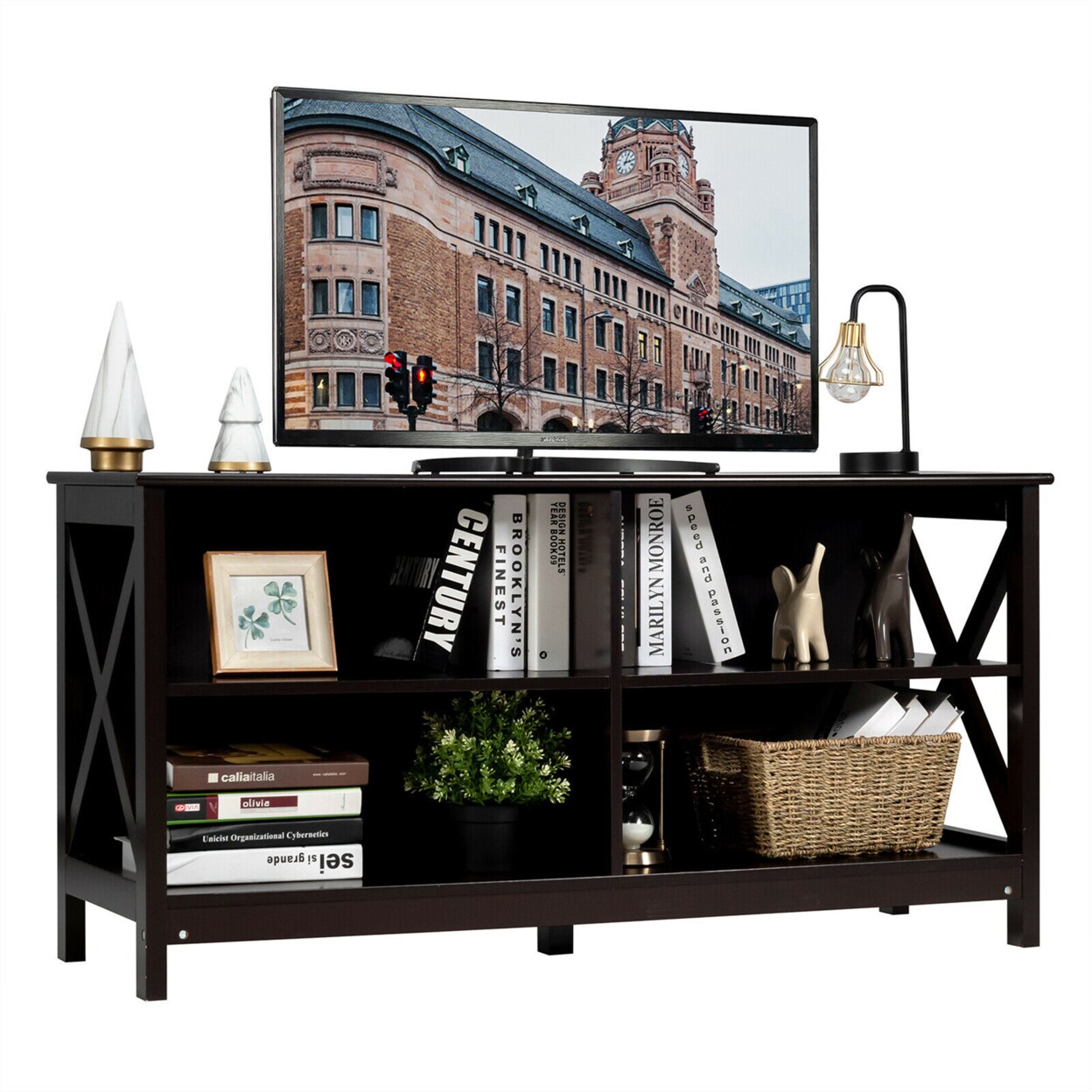 Gymax TV Stand Entertainment Media Center for TVs up to 55 w/ Storage Shelves Brown