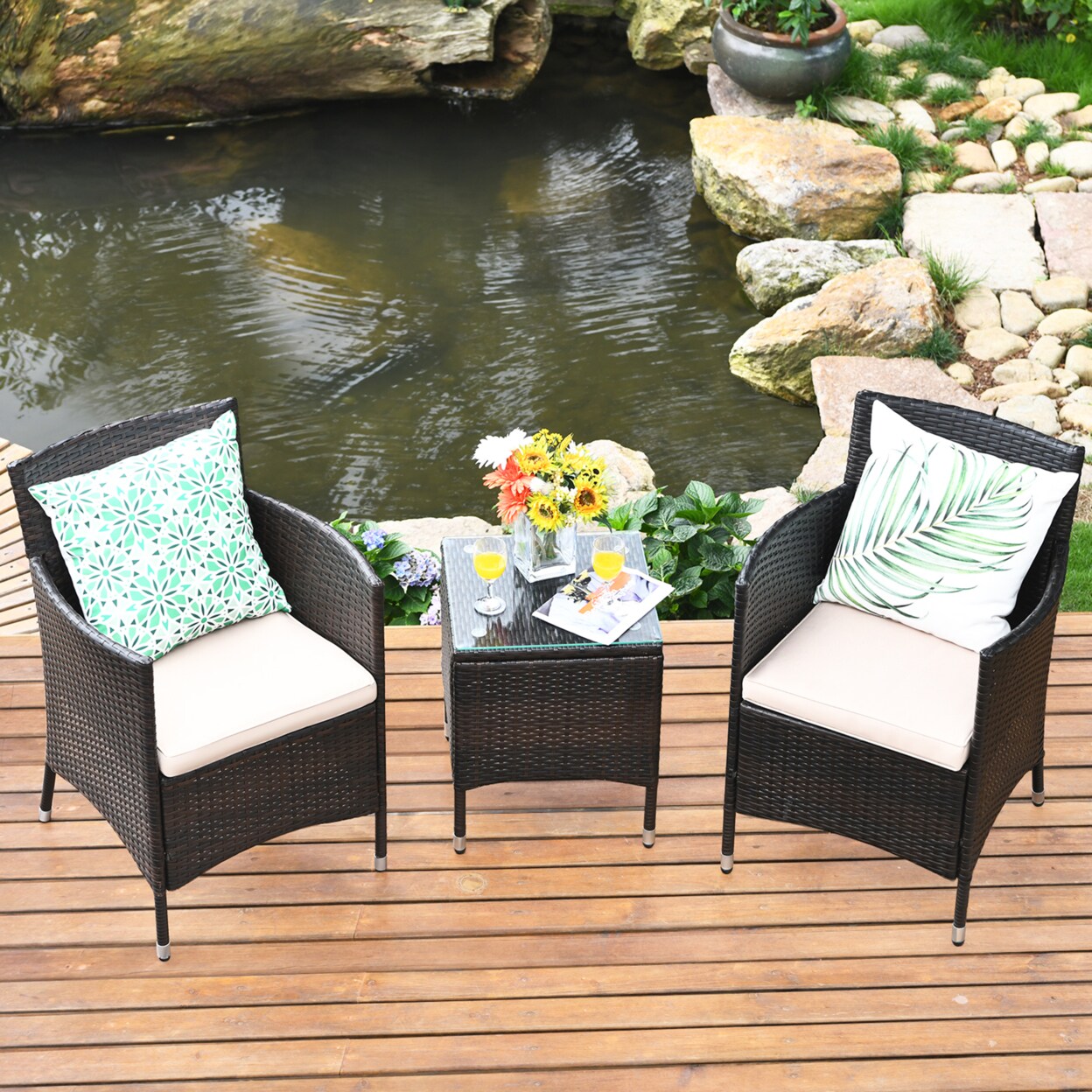 Gymax 3PCS Patio Outdoor Rattan Furniture Set Cushioned Chairs Coffee Table Michaels