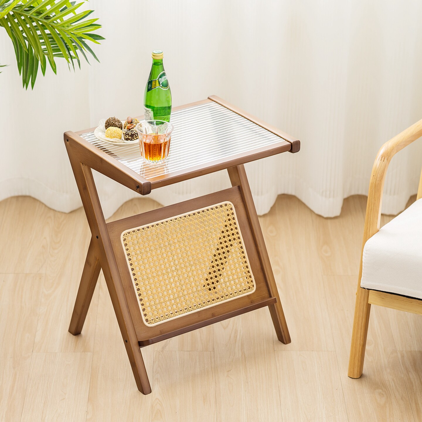 Costway Rattan Side Table Bamboo Accent Bedside Table with Tempered Glass Top Walnut/Natural