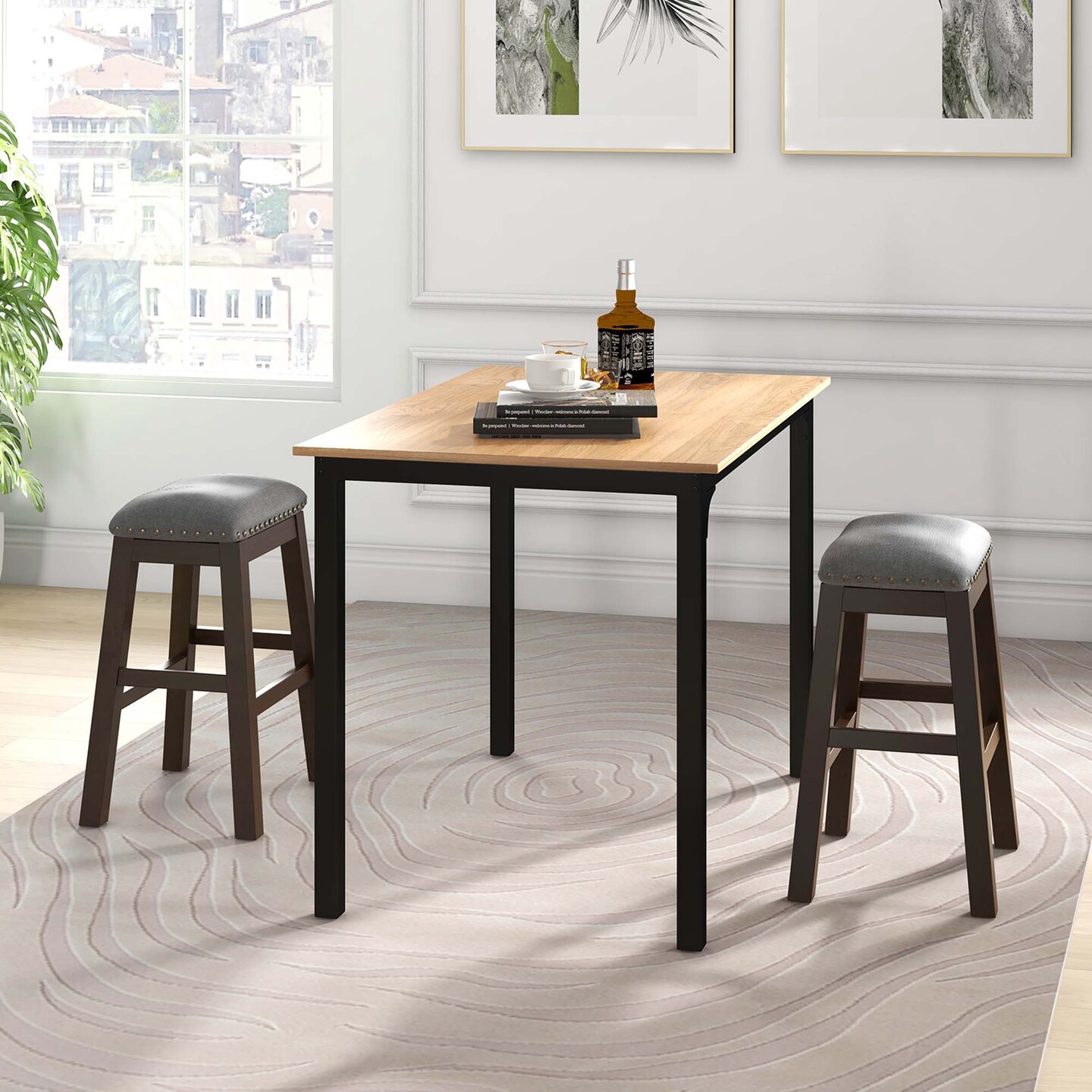 Costway Set of 2 Upholstered Saddle Bar Stools 24.5&#x27;&#x27; Dining Chairs with Wooden Legs Gray