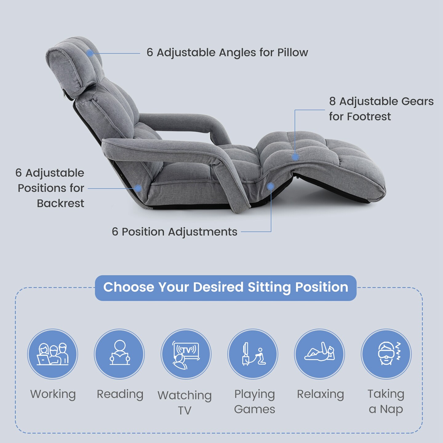 Costway 6-Position Adjustable Floor Chair for Adults Foldable Lazy Sofa for Living Room Dark Grey/Grey