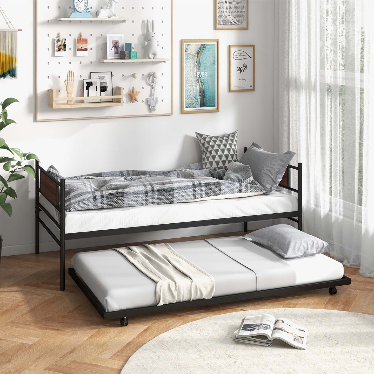 Costway Twin Size Metal Daybed with Trundle Mattress Foundation Heavy-Duty Sofa Bed