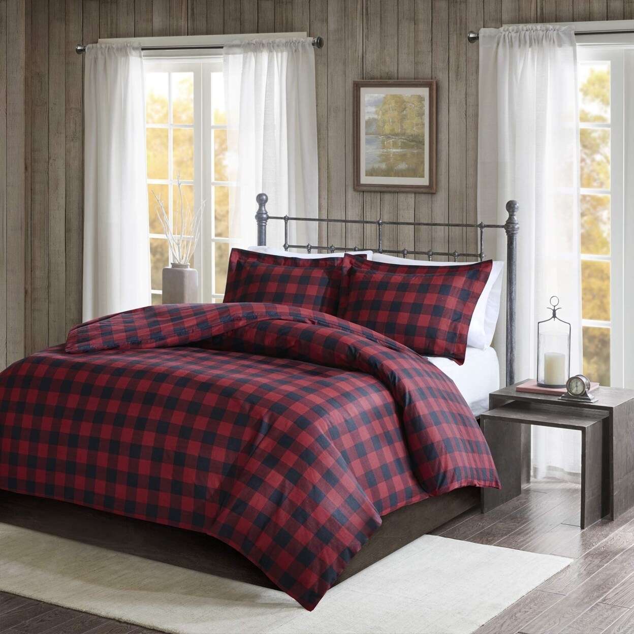 Woolrich 100% Cotton Flannel Checkered Plaid Bedding Set, King/Cal King Size, Black/Red