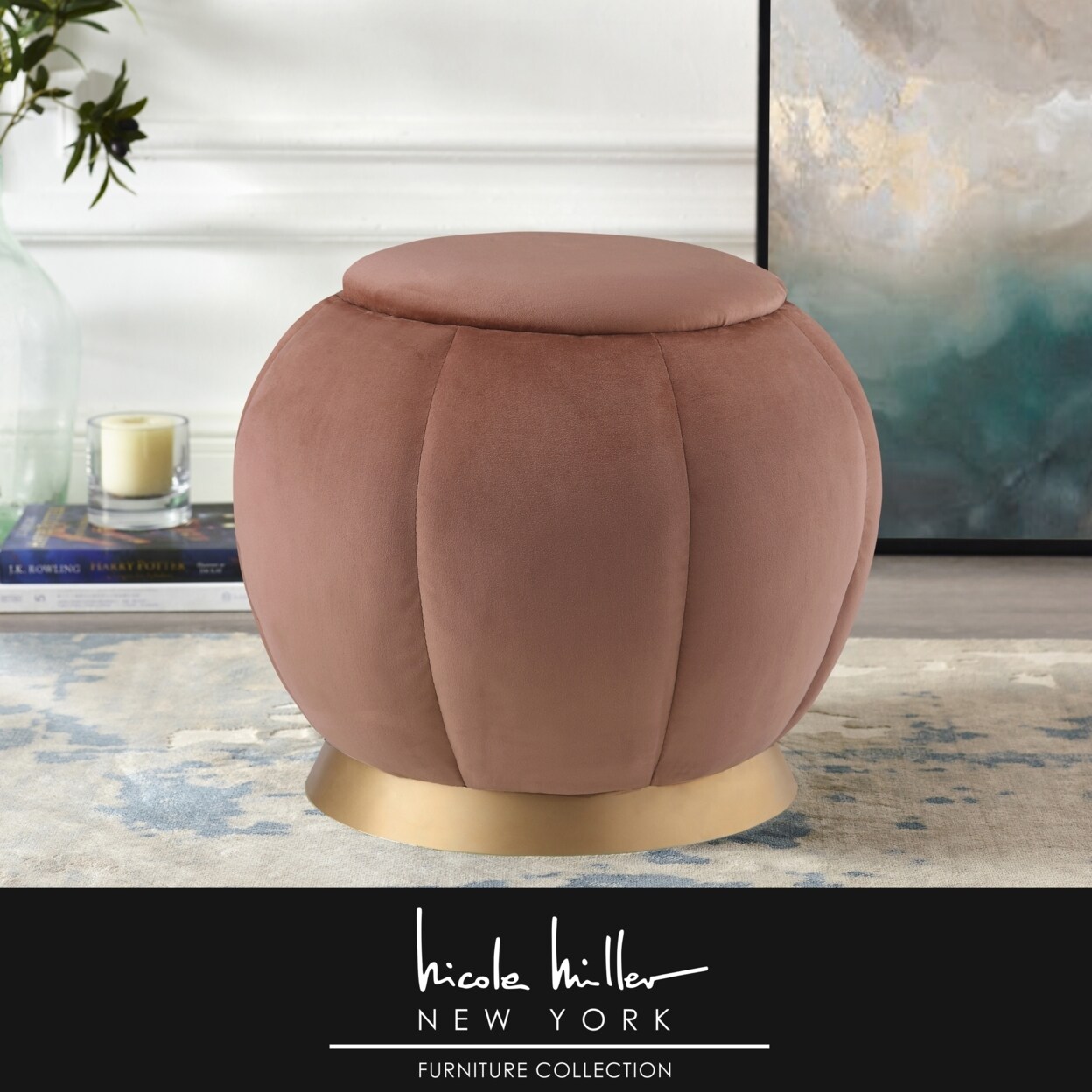 Nicole Miller Alfie Ottoman-Upholstered-Channel Tufted-Gold Matte Base