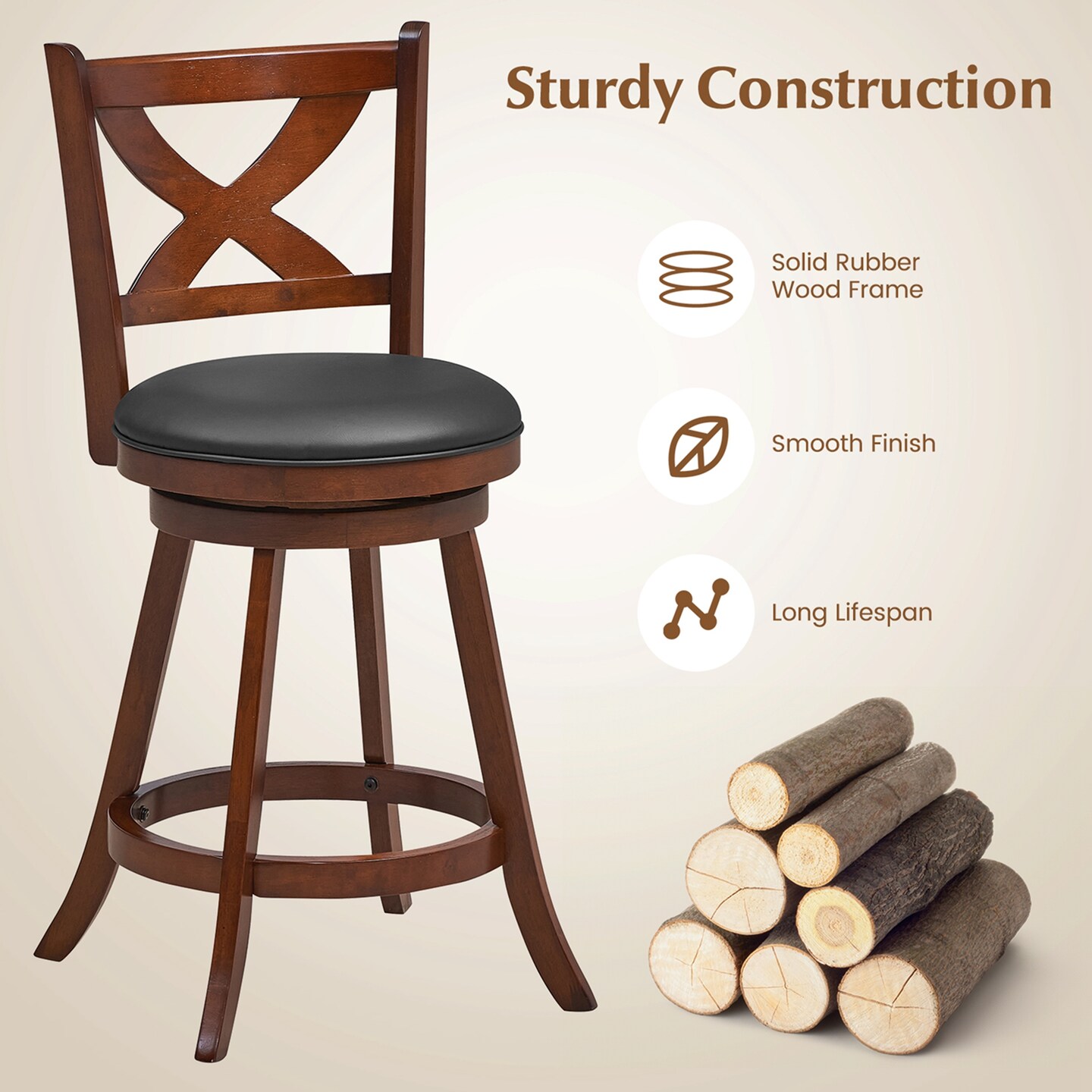 Costway Set of 2 Bar Stools  Classic Counter Height Swivel Chairs for Kitchen Pub