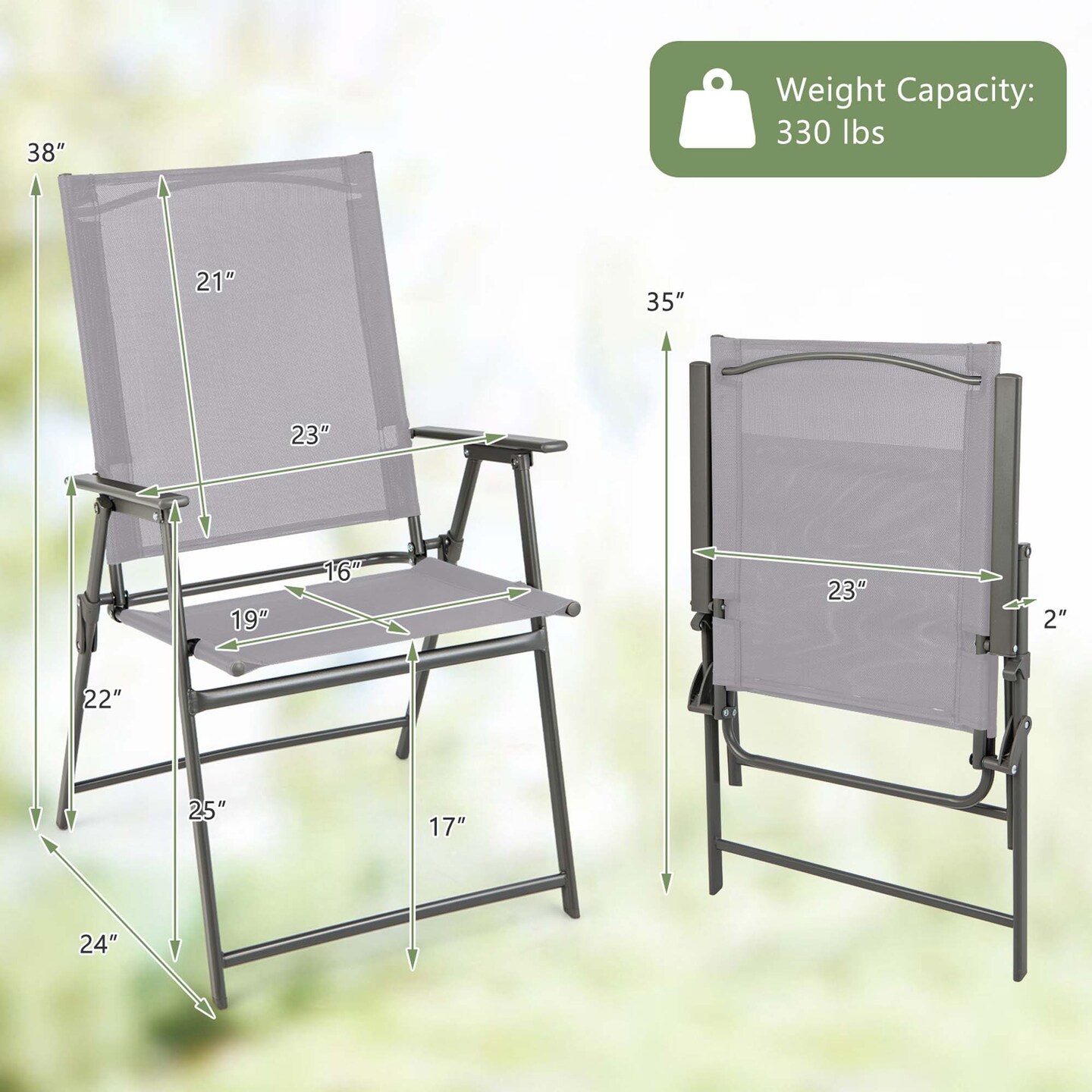 Costway 2pcs Patio Folding Portable Dining Chairs Metal Frame Armrests Garden Outdoor Black/Gray/White