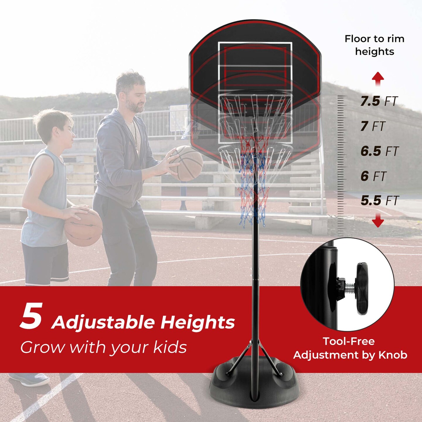 Costway 5.5-7.5FT Adjustable Portable Basketball Goal System with Shatterproof Backboard
