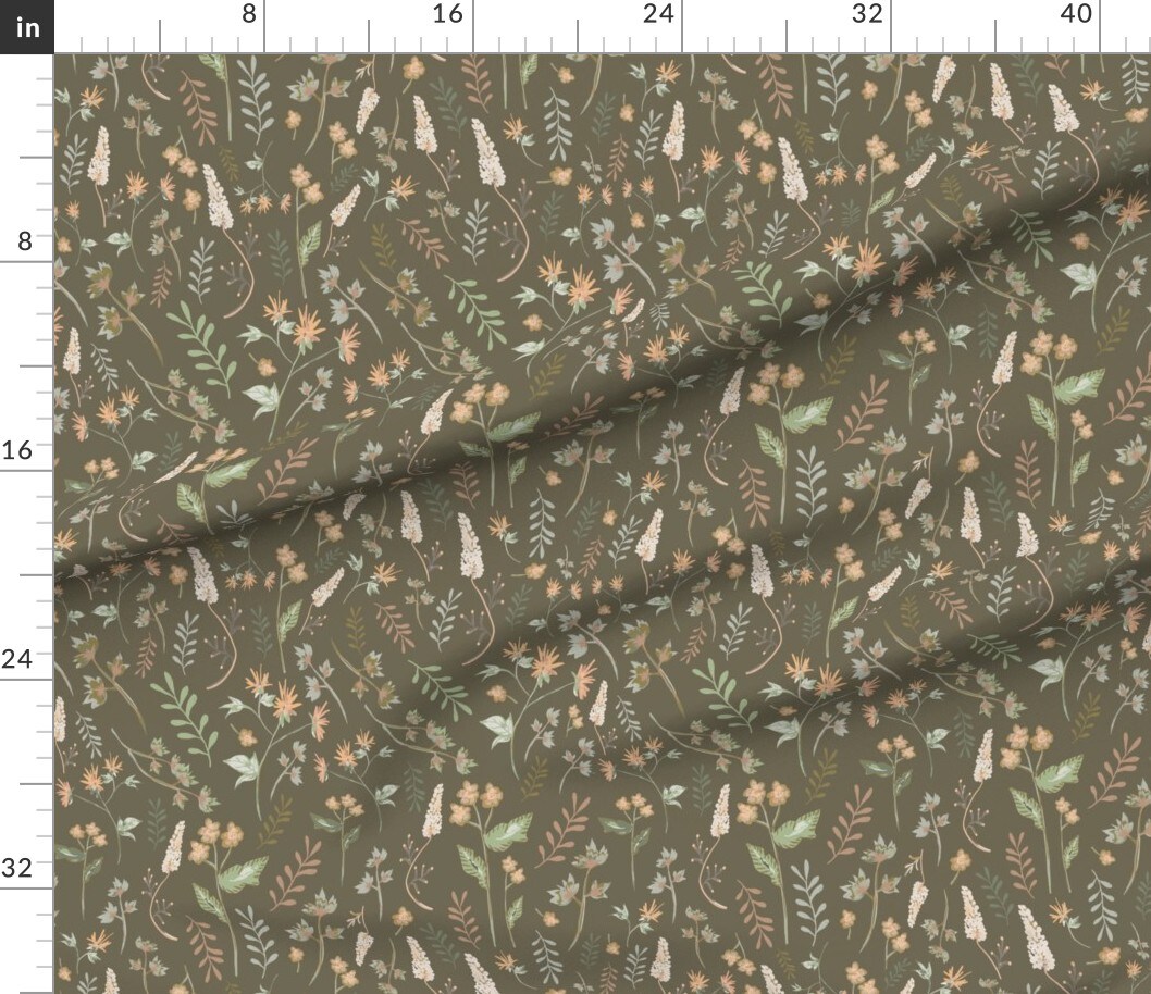 Floral Brown Green Coral Spring Wildflowers Botanical Custom Printed Fabric by Spoonflower Various Fabrics by the Yard or Fat Quarter
