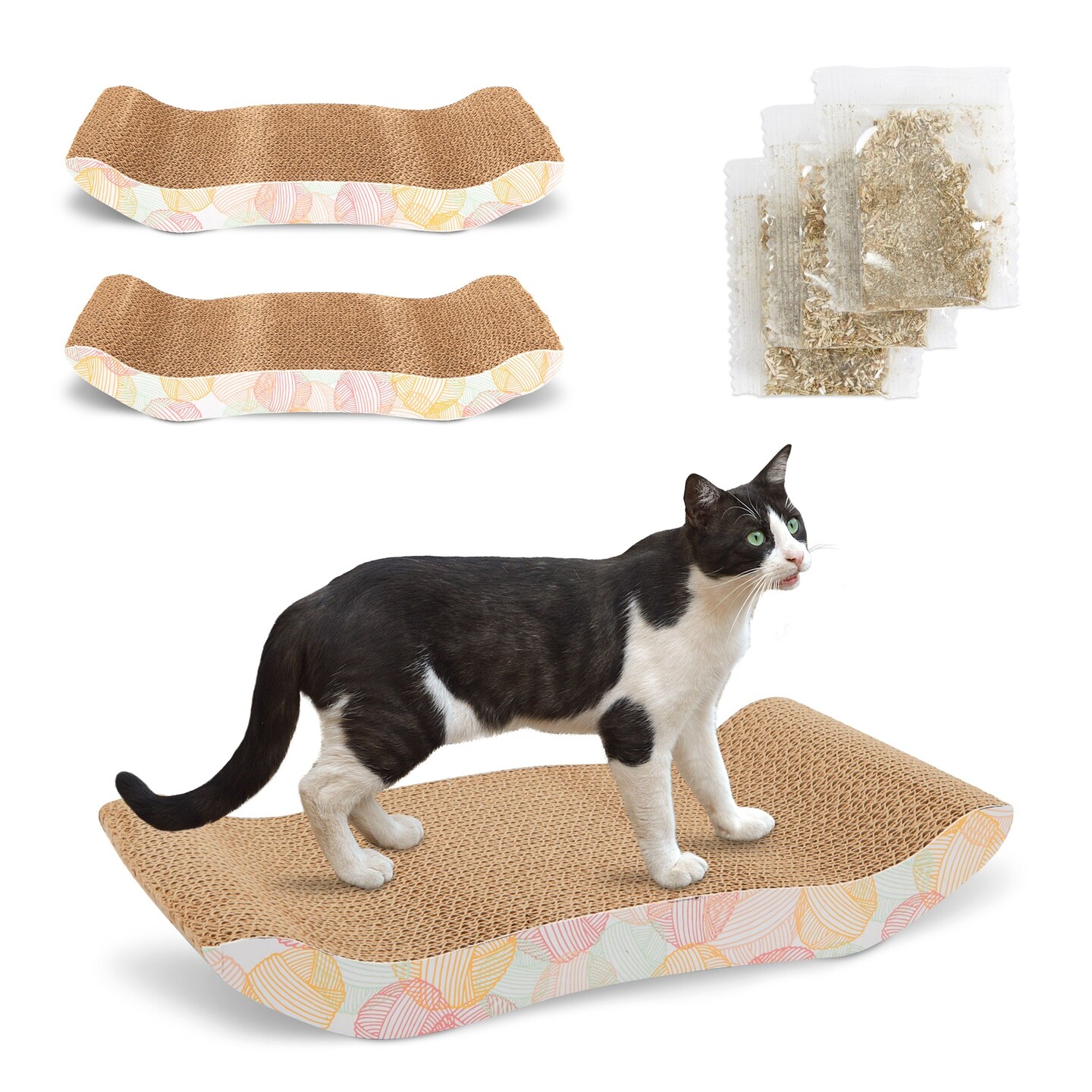3 Cardboard Cat Scratcher Bed Pads with 3 Catnip Bags (16 x 8 In, 6 Pieces)