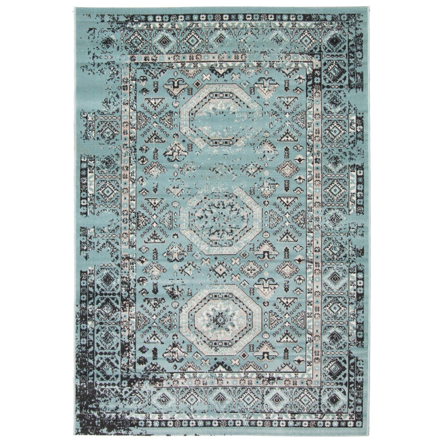 Chaudhary Living 6.5' x 9.5' Distressed Geometric Rectangular Area Throw Rug - Green and Black