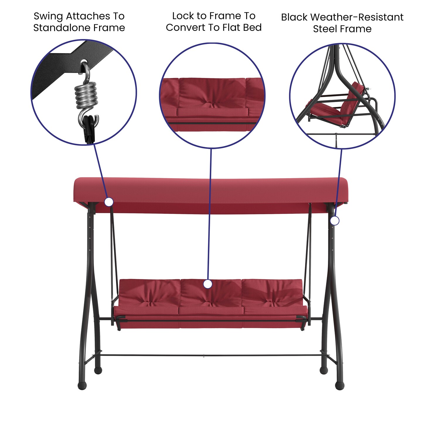 Emma and Oliver 3-Seat Outdoor Steel Converting Patio Swing and Bed Canopy Hammock