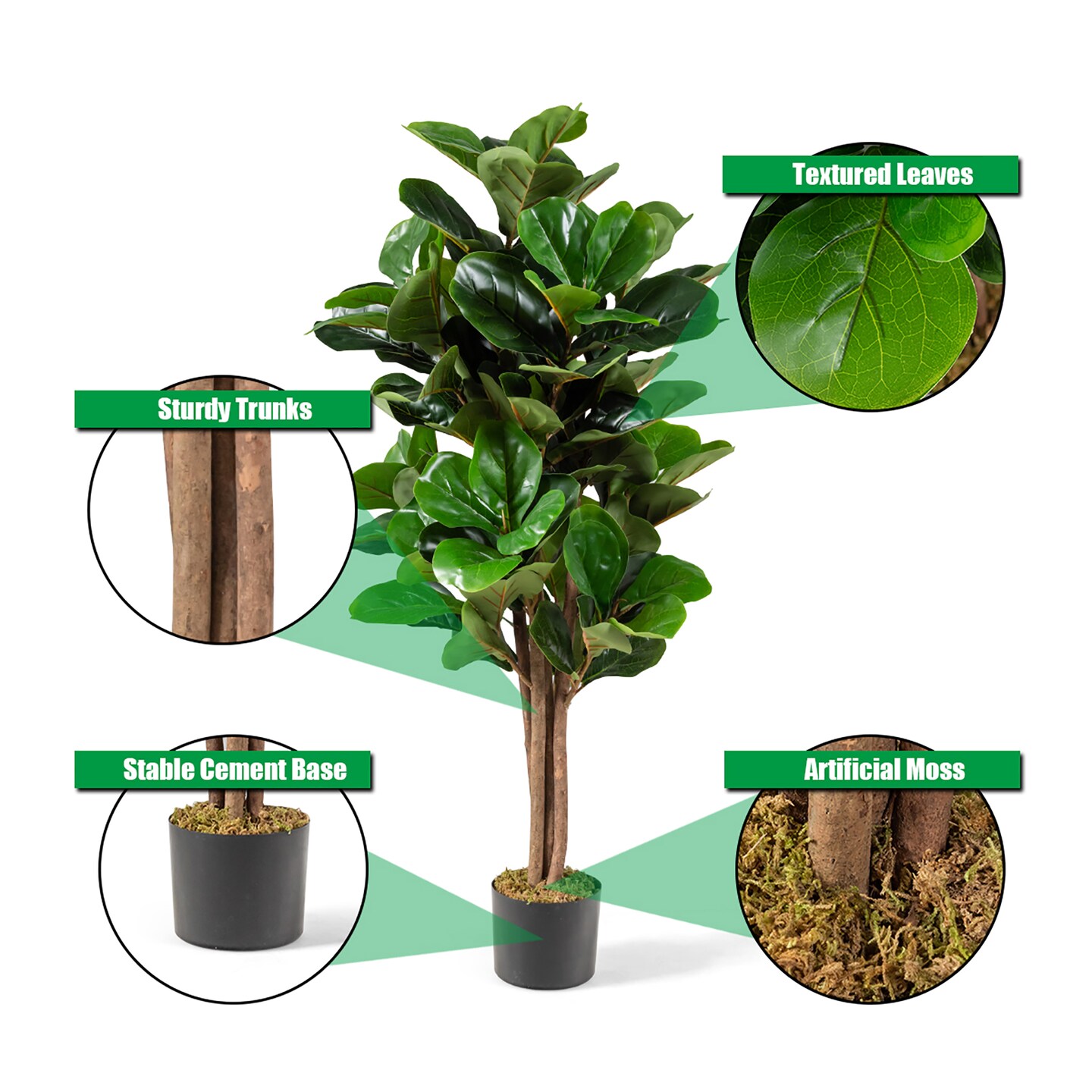 Costway 4ft Artificial Fiddle Leaf Fig Tree Indoor Outdoor Office Decorative Planter