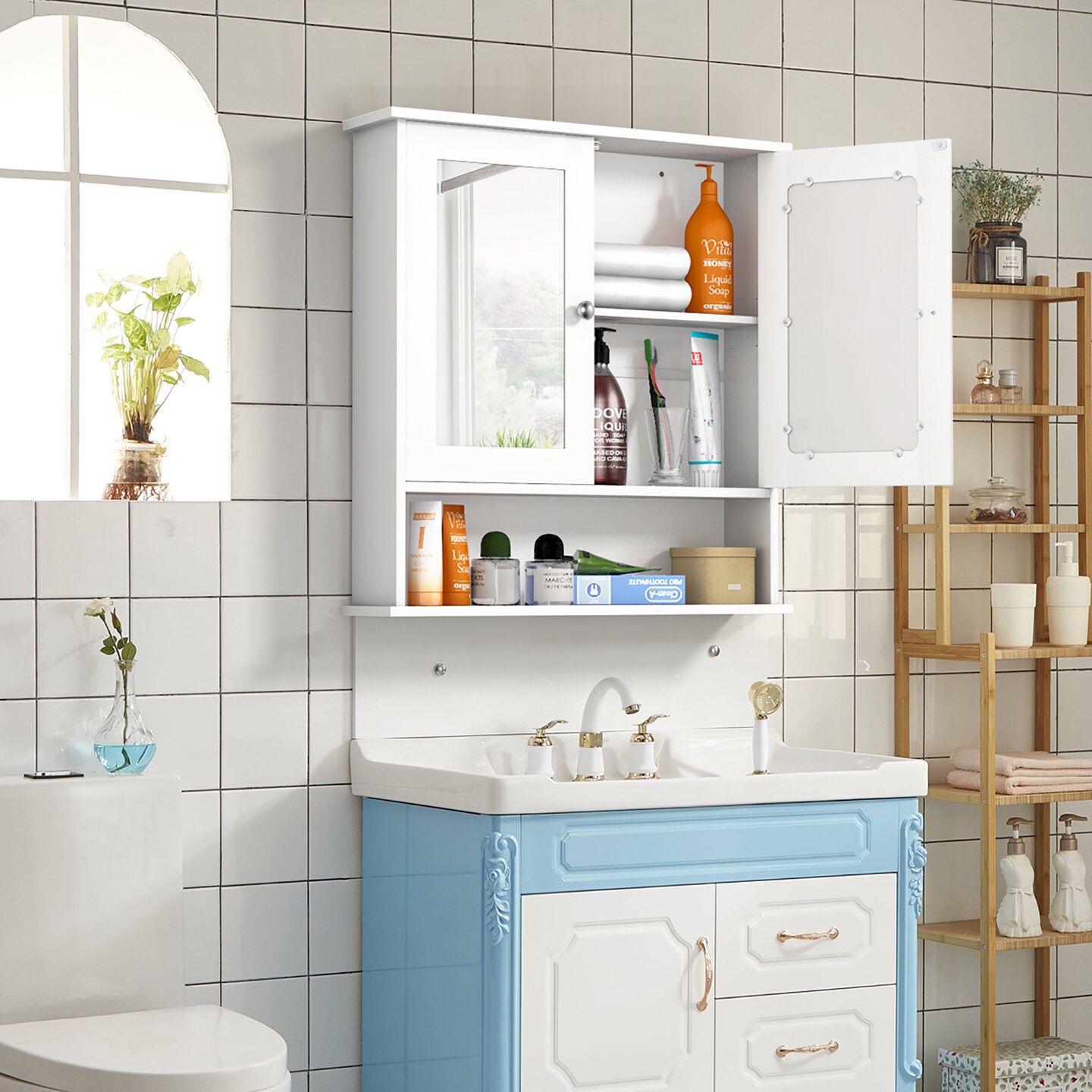 Costway New Bathroom Wall Cabinet Double Mirror Door Cupboard Storage Medicine Cabinet Shelf White