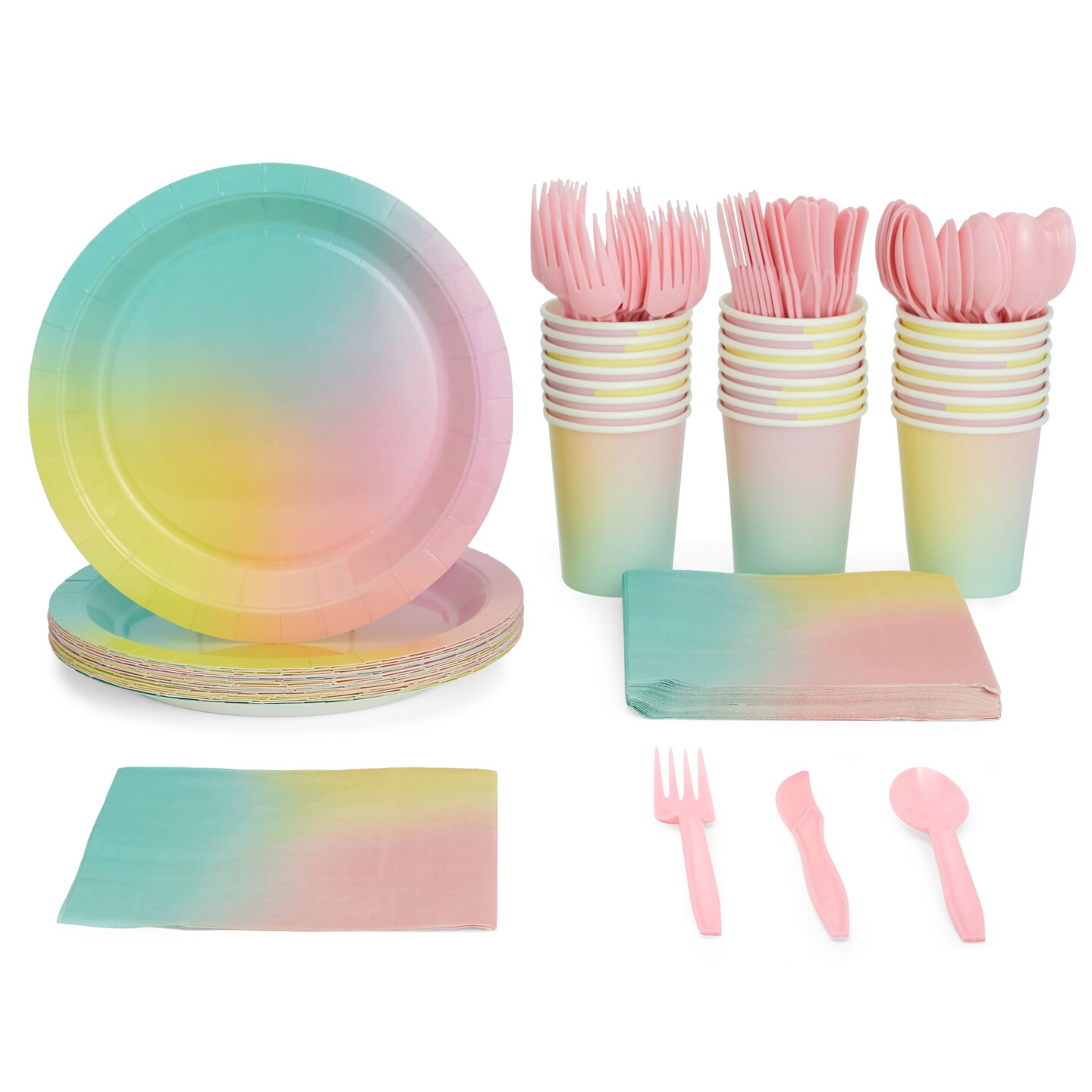 144 Piece Pastel Rainbow Birthday Party Supplies, Dinnerware with Paper Plates, Napkins, Cups, and Pink Cutlery (Serves 24)