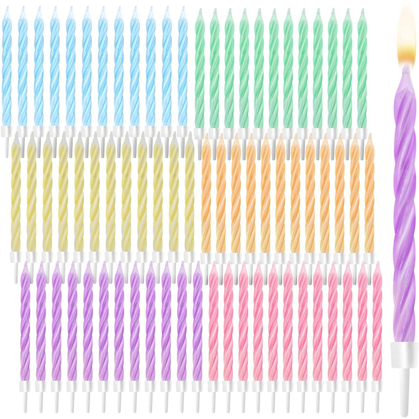 Rainbow Pastel Birthday Cake Candles with Holders (72 Pieces)