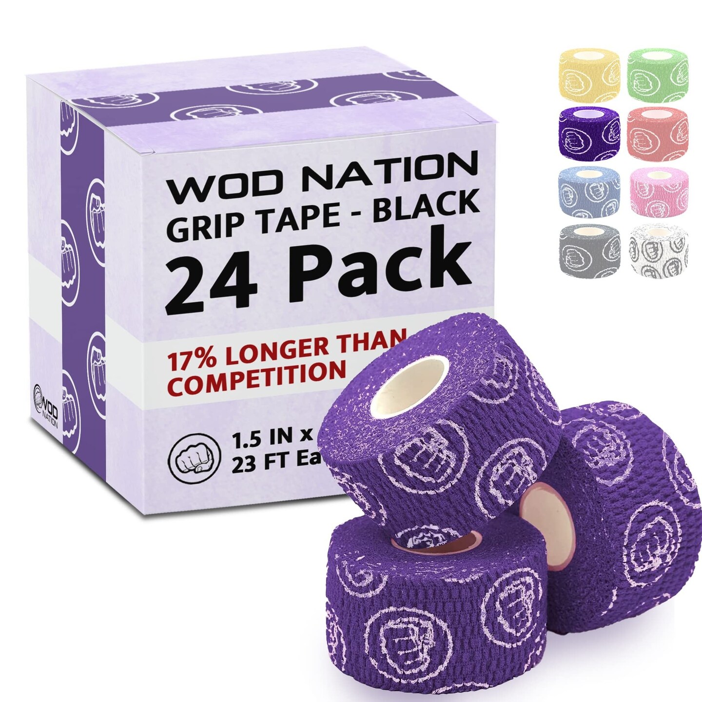 WOD Nation Weightlifting Hook Grip Tape - Bulk 24 Pack 23 Ft/Roll - Comfortable, Stretchy Athletic Tape for Weight Lifting, Cross Training - Thumb, Wrist &#x26; Finger Protection - Purple