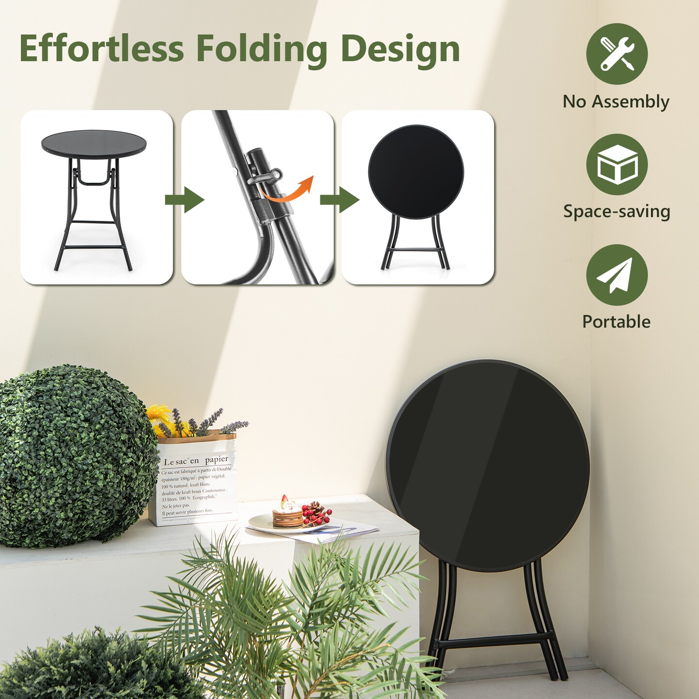 Costway 23'' Round Folding Table Outdoor Patio Bistro Table with Tempered Glass Tabletop