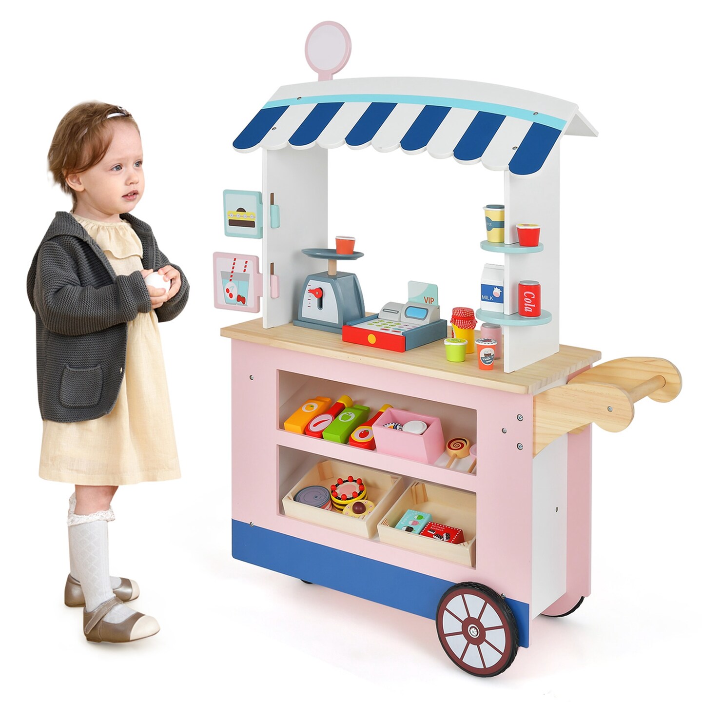 Costway Kids Snacks &#x26; Sweets Food Cart Kids Toy Cart Play Set with 30 PCS Accessories