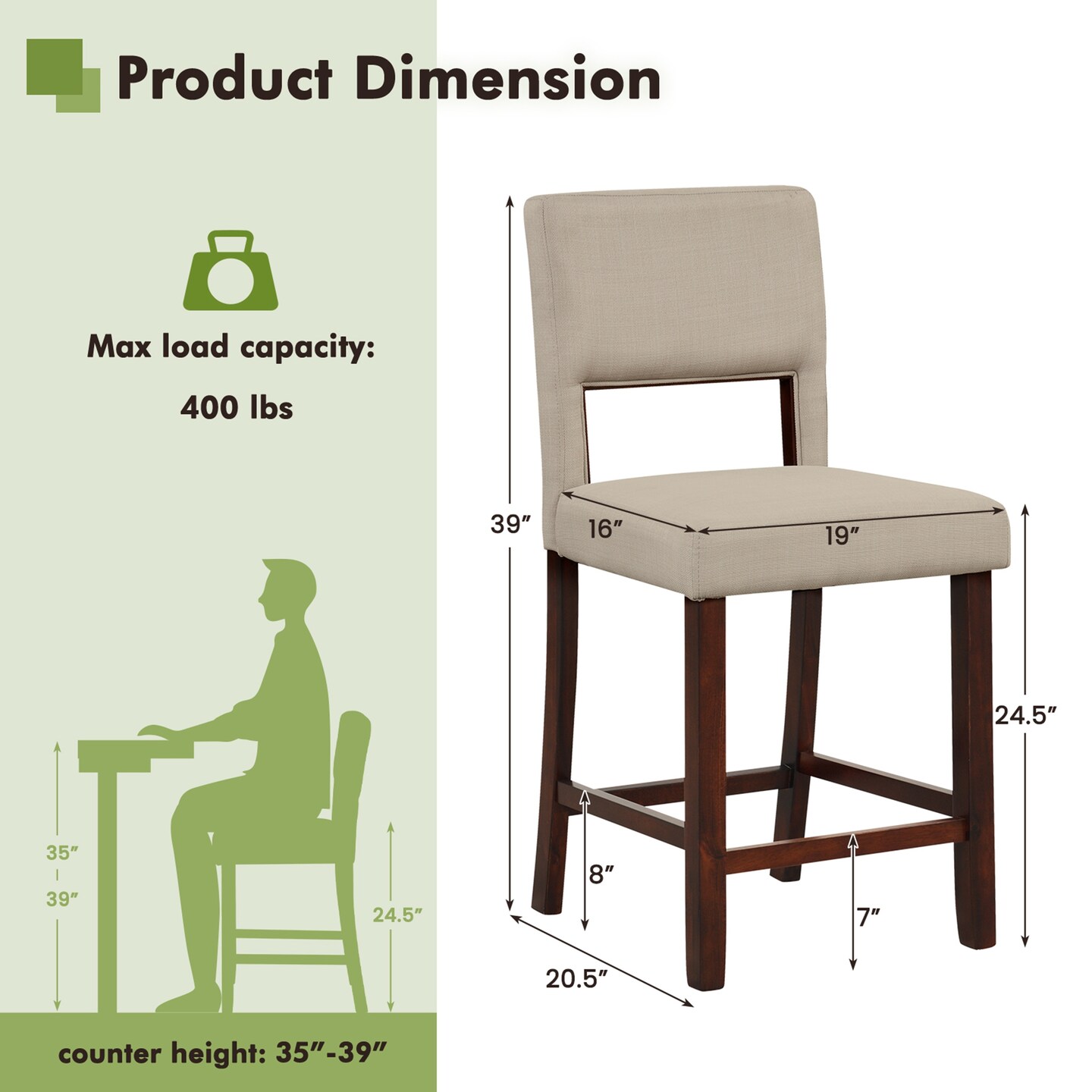 Costway Set of 2 Upholstered Linen Bar Stools 24.5&#x27;&#x27; Wooden Dining Chairs with Back Beige/Brown