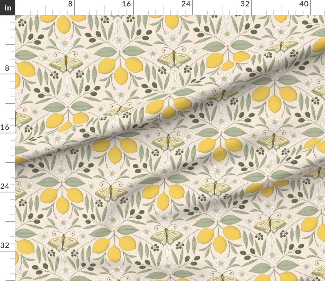 Yellow Butterfly Damask Olive Lemon Botanical Italy Pastel Colors Mediterranean Tree Large Scale Citrus Moth Insects Custom Printed Fabric by Spoonflower Various Fabrics by the Yard or Fat Quarter