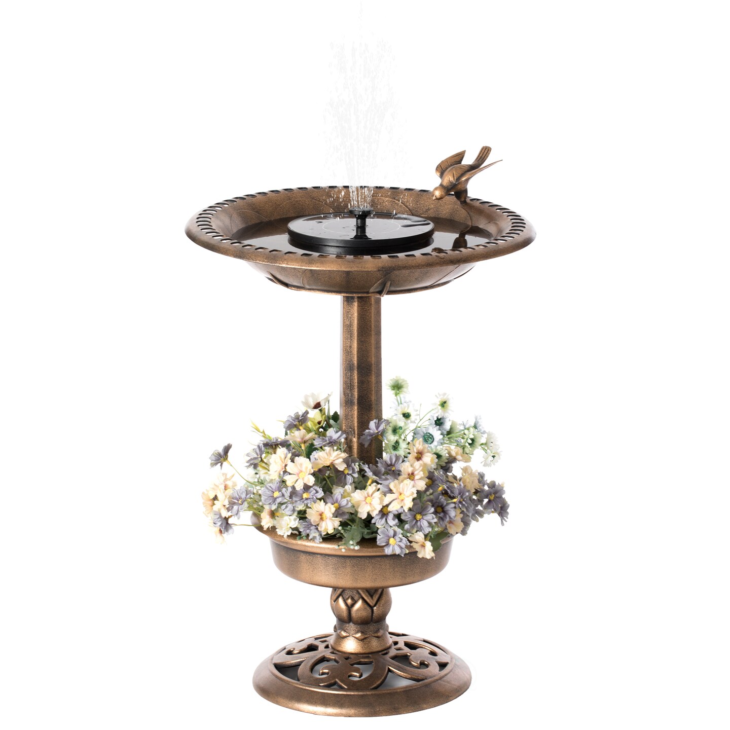 Copper Outdoor Garden Bird Bath Solar Powered Round Fountain And Planter 17"