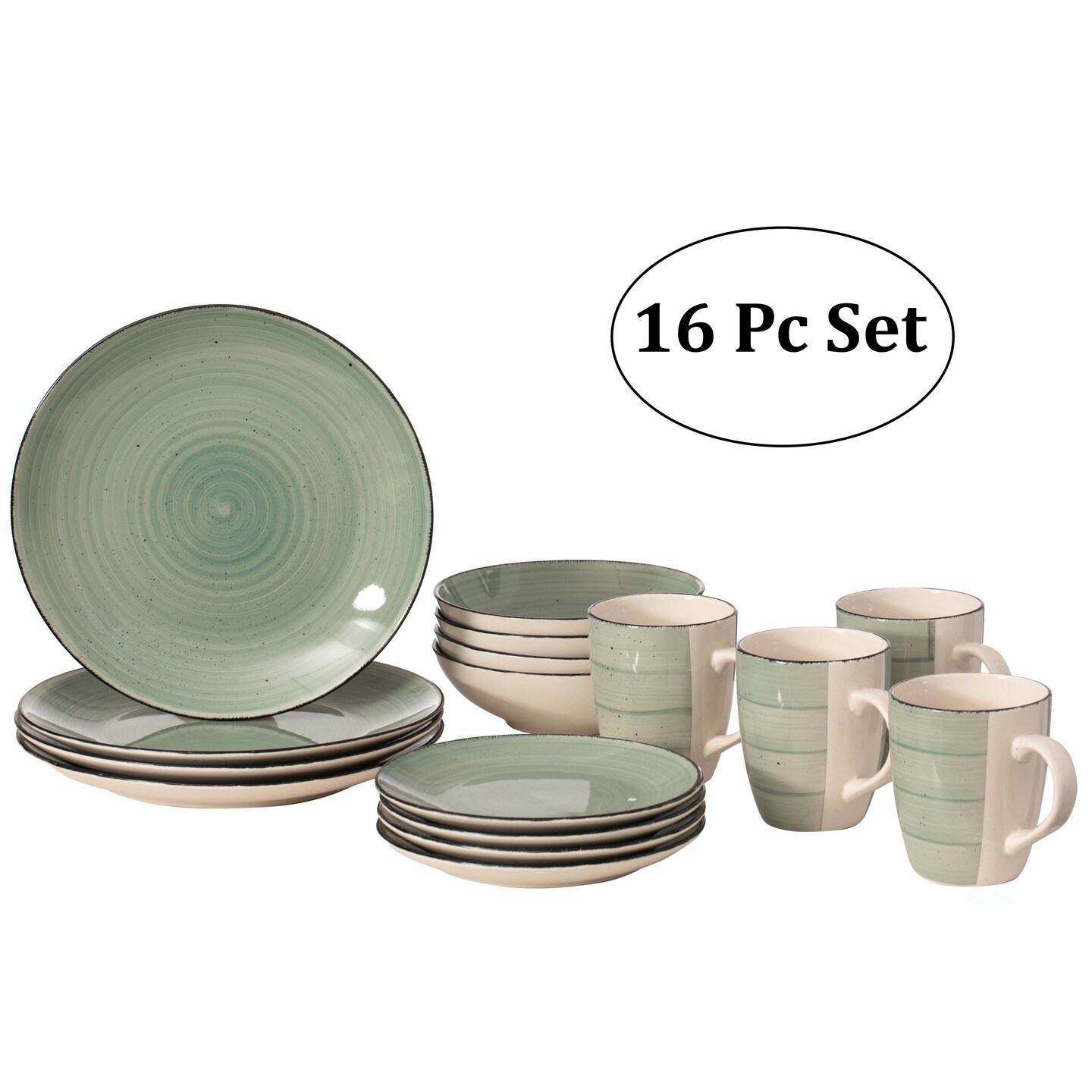 Quickway Imports 16 PC Spin Wash Dinnerware Dish Set for 4 Person Mugs Salad and Dinner Plates and Bowls Sets Dishwasher and Microwave