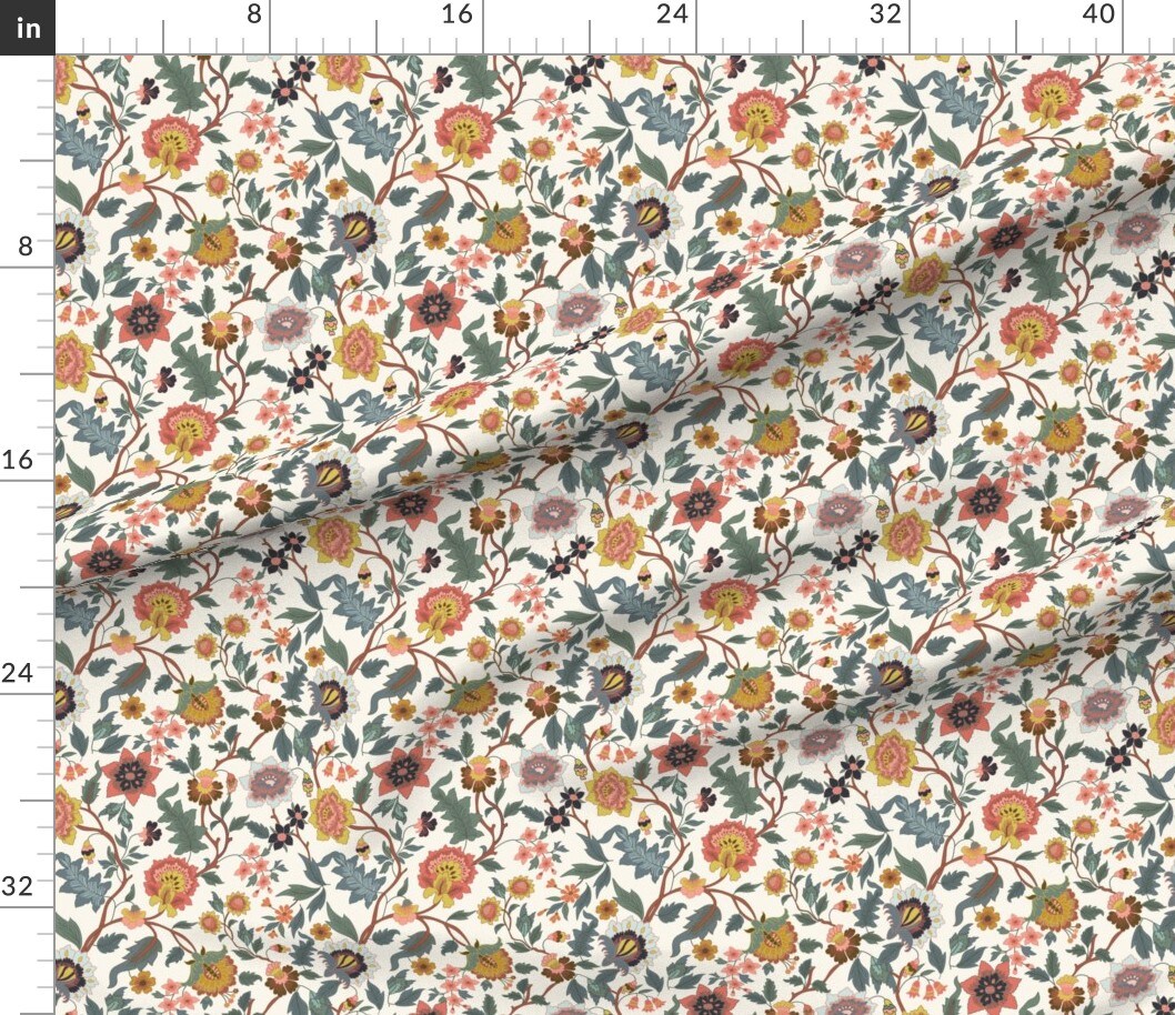 Multicolor Flowers Folk Garden Bedroom Italian Botanical Florals Villa Sage Mustard Coral Wildflower Meadow Large Scale Custom Printed Fabric by Spoonflower Various Fabrics by the Yard or Fat Quarter