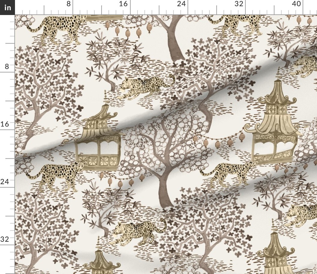 Chinoiserie Pagoda Leopard Print Watercolor Neutral Brown Cream Large Scale Custom Printed Fabric by Spoonflower Various Fabrics by the Yard or Fat Quarter