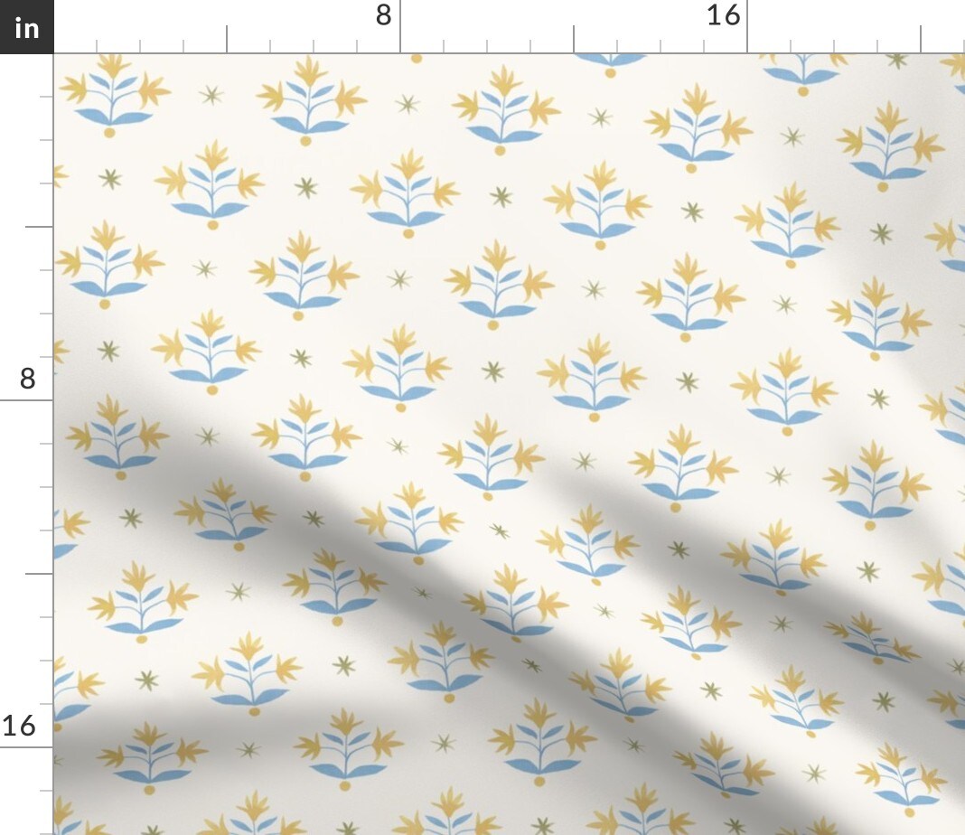 Traditional Floral Block Print Flower Meadow Cerulean Blue Marigold Olive Custom Printed Fabric by Spoonflower Various Fabrics by the Yard or Fat Quarter