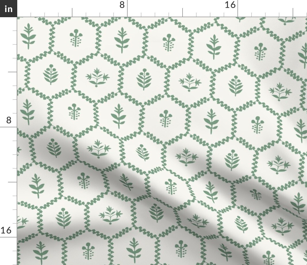 Farmhouse Chic Cottagecore Green Botanical Clover Leaves Vine Thistle Hexagons Custom Printed Fabric by Spoonflower Various Fabrics by the Yard or Fat Quarter