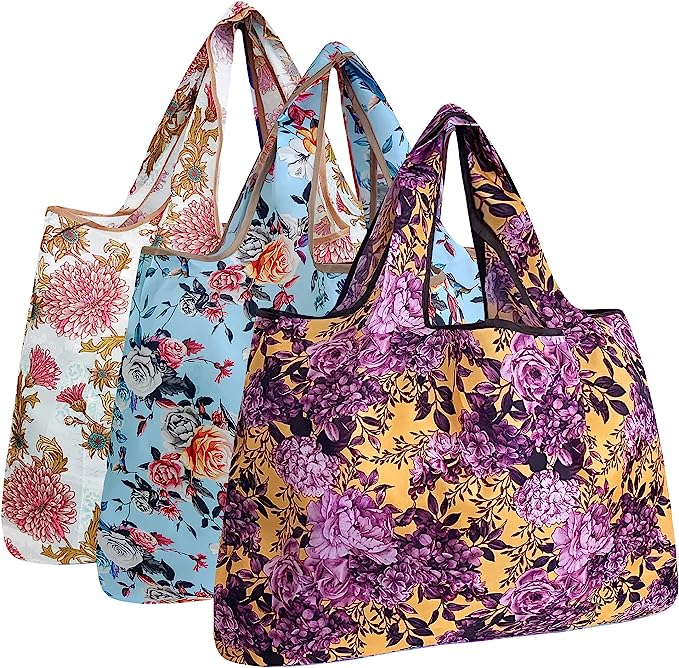 Wrapables Large Foldable Tote Nylon Reusable Grocery Bags, 3 Pack