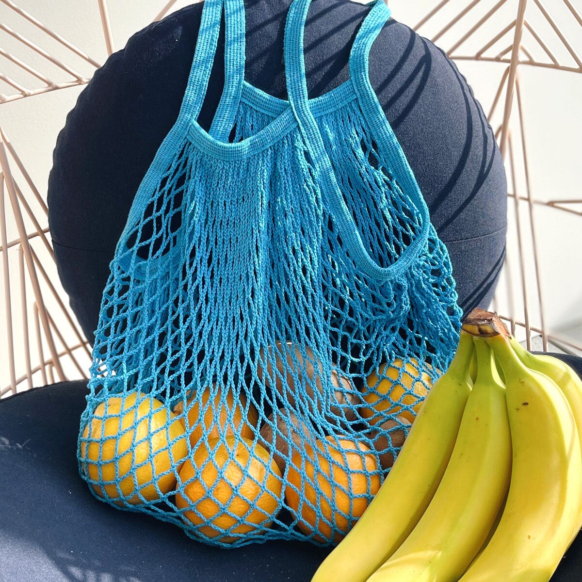 Wrapables Cotton Mesh Net Shopping Bag, Grocery Bag for Vegetables, Produce (Set of 3), Yellow, Blue, Hot Pink